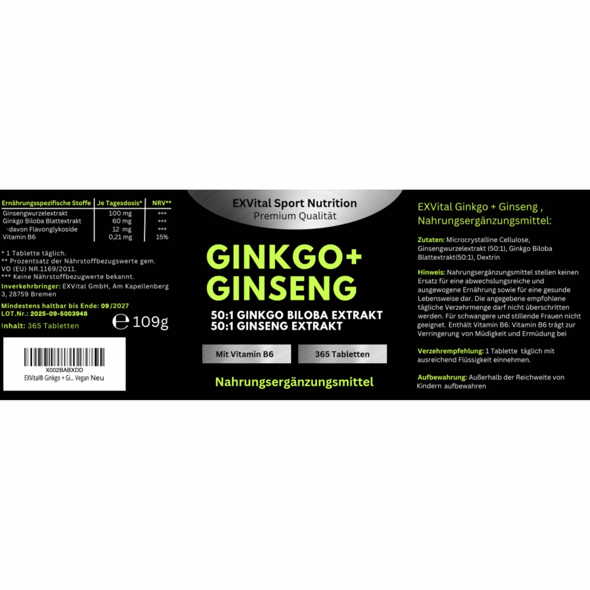 EXVital® Ginkgo + Ginseng, 365 compresse, estratti vegetali 50:1, altamente dosati, Ginkgo Biloba e Ginseng coreano, Testato in laboratorio, Vegano