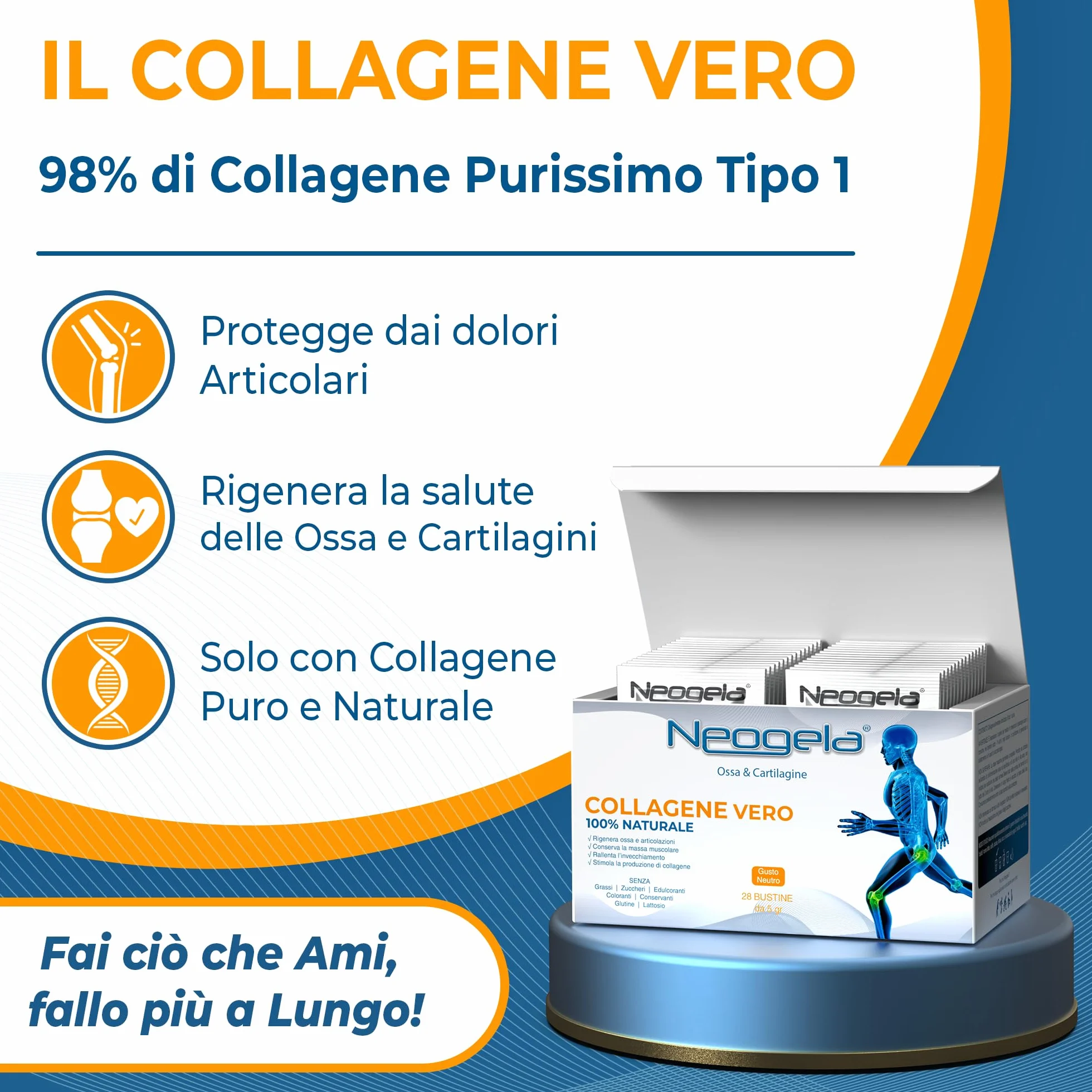 Neogela 98% Collagene Purissimo 140gr 28 Buste 5gr Benessere Osseo e Articolare