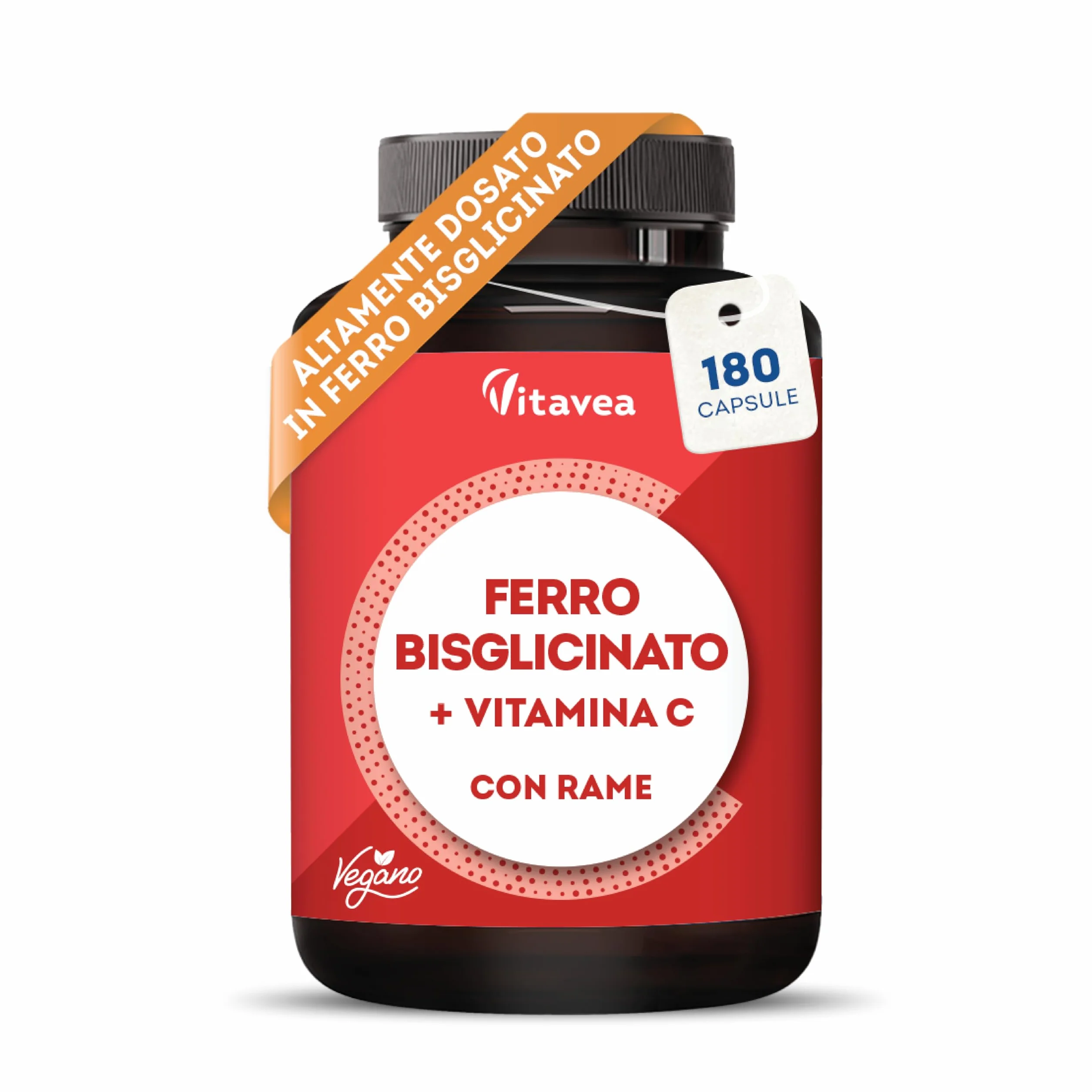 Ferro con Vitamina C - Alta Biodisponibilità (Ferro Bisglicinato Chelato) - Per Energia e Sistema Immunitario - Vegano, Senza Additivi - 180 Capsule - Vitavea