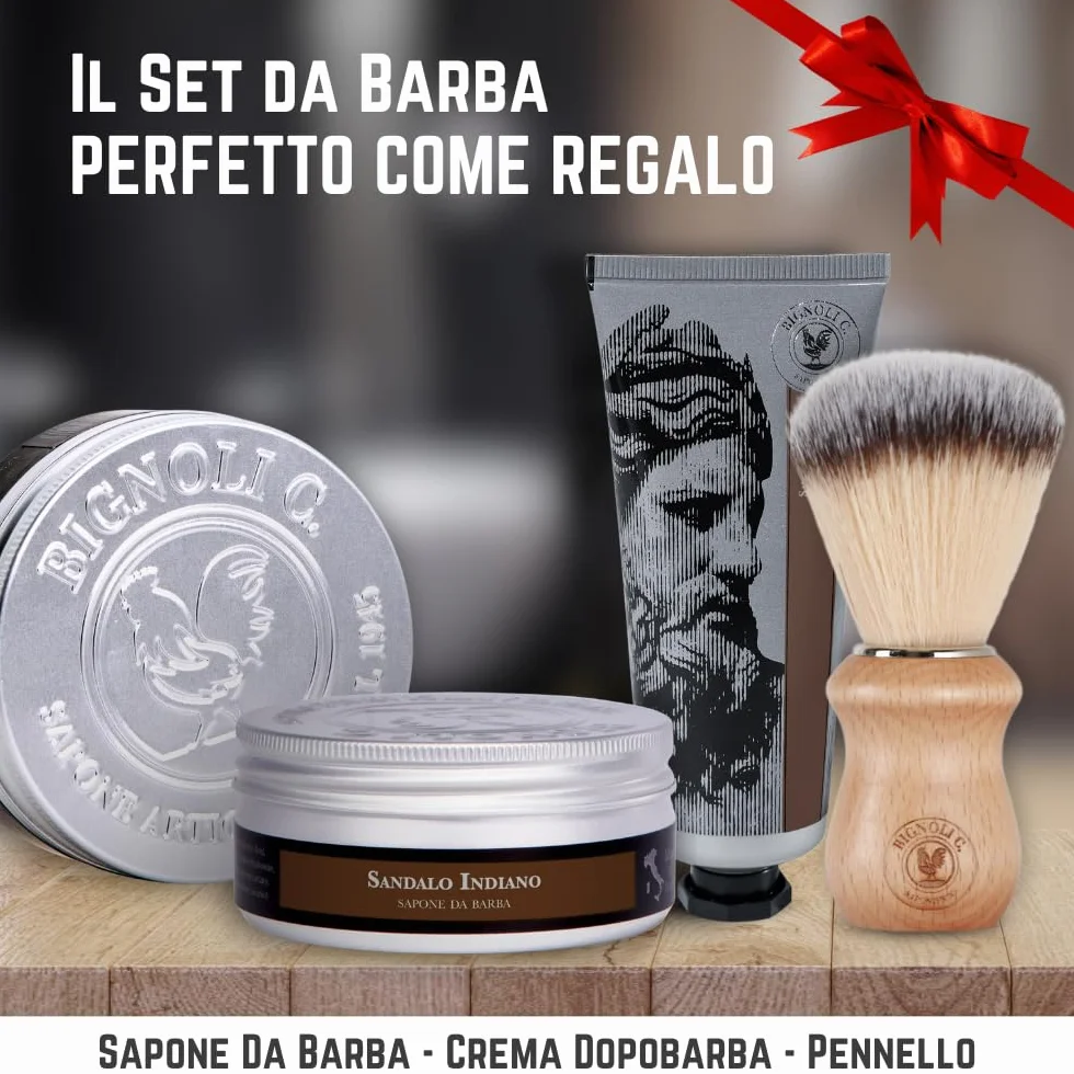 Bignoli Set Rasatura Tradizionale – Kit Barba Uomo - Sapone da Barba 175g + Crema Dopobarba 75ml + Pennello | Qualità Artigianale - Set Regalo Uomo