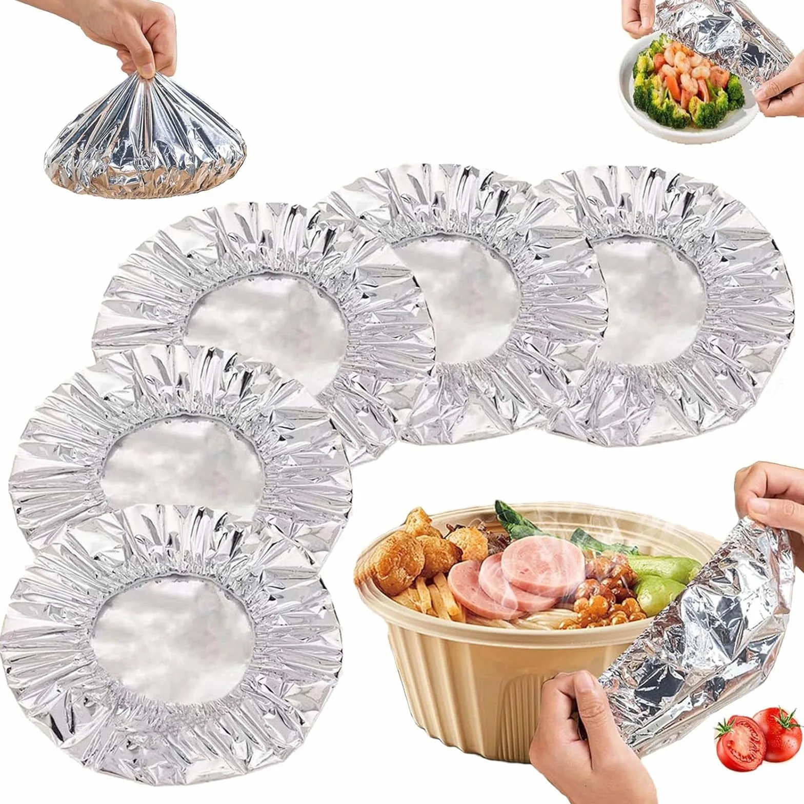 50 pezzi Repeatable Aluminum Foil Film Insulation Cover, sacchetti termici salvafreschezza in alluminio, pellicola elastica trasparente con elastico, copertura resistente al calore per alimenti e