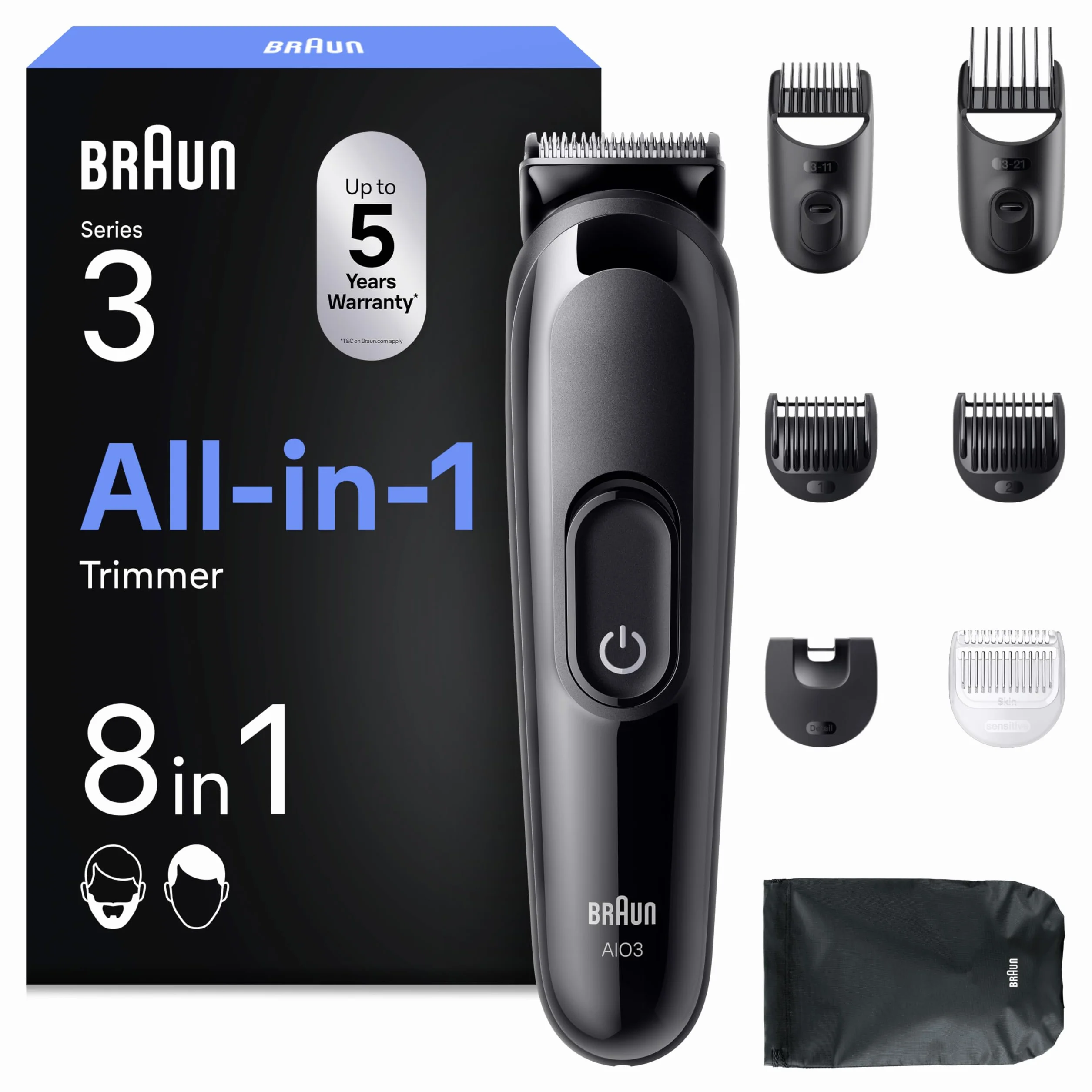 Braun Series 3 All-in-One 8in1 Rasoio Elettrico Barba e Capelli, Lama Ultra Affilata, 14 Lunghezze, 50 Min Autonomia