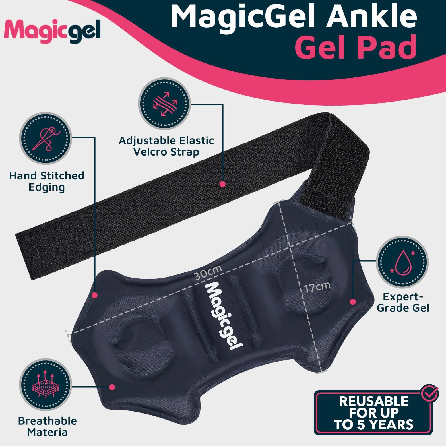 Magic Gel Cavigliera Ghiaccio per Gonfiore e Distorsioni, Impacco Gel Riutilizzabile Caldo/Freddo per Infortuni alla Caviglia e Tendinite d’Achille, Fascia Regolabile per Ginocchio, Gomito e Polso