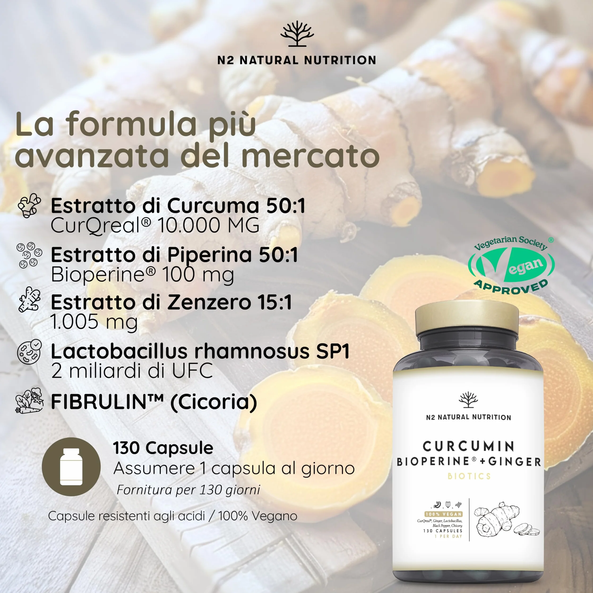 N2 Natural Nutrition Curcuma con Piperina 10000 mg Probiotici Zenzero 4 Mesi Antinfiammatorio Antiossidante