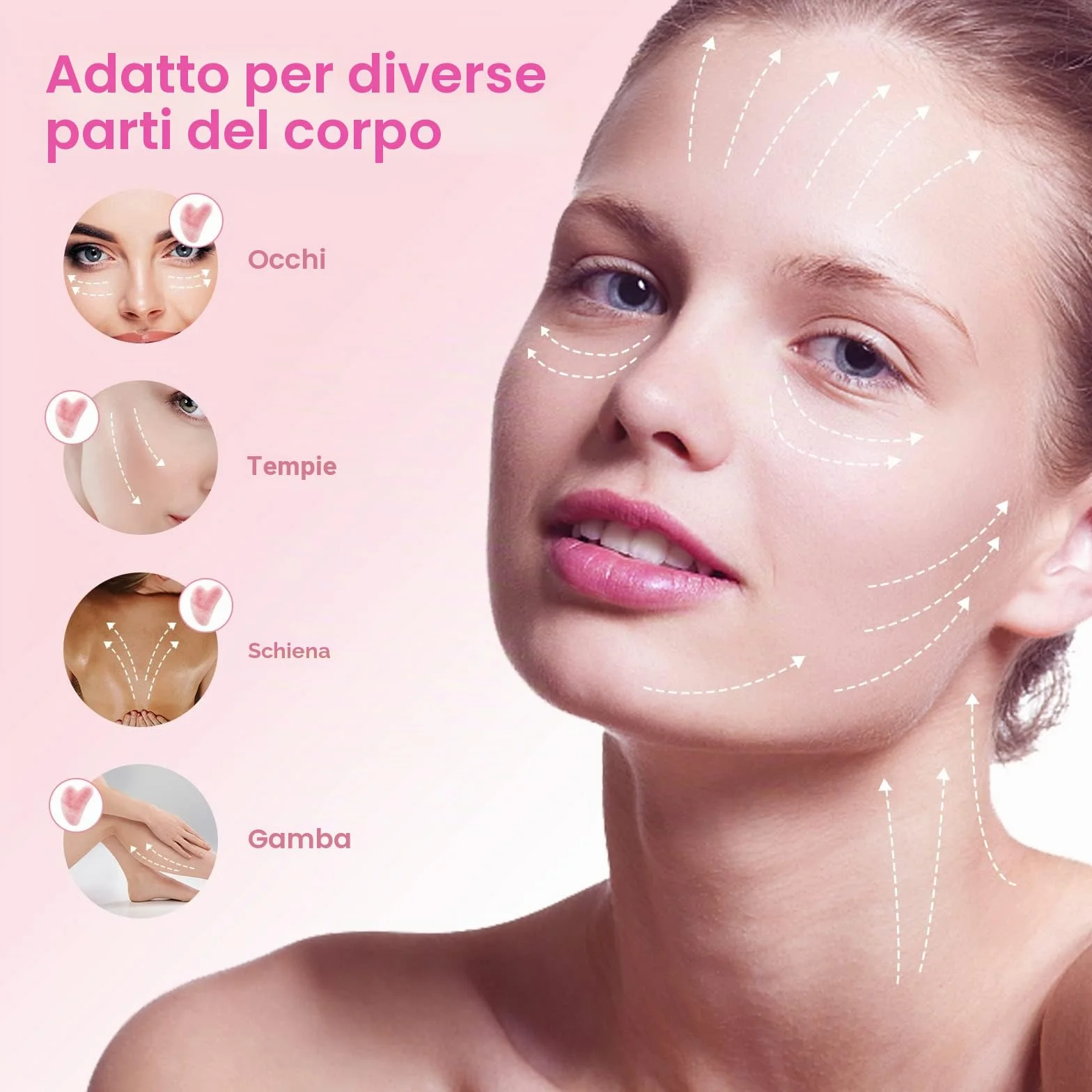 Gua Sha Pietre viso giada pietra a forma di cuore Guasha Board strumento di massaggio antigraffio per viso, occhi, collo per la cura della pelle (rosa)