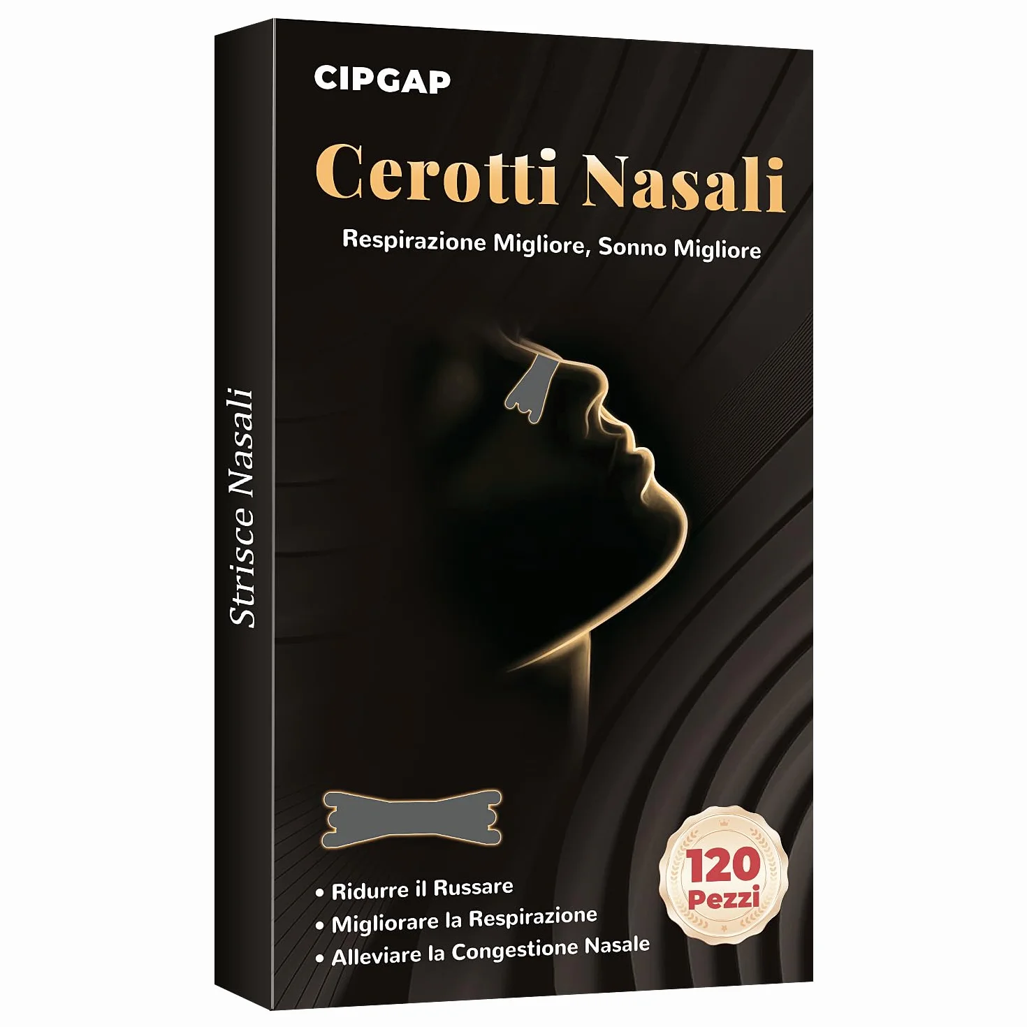 Cerotti Nasali Premium 120 Pezzi antirussamento, Nasal Strips, tenuta extra per sport e sonno, Alivia congestione nasale (Nero)