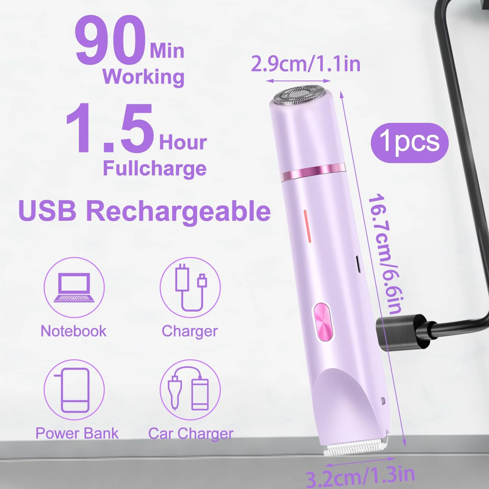 Rasoio Elettrico Donna, 2 in 1 IPX7 Rasoio Elettrico Intimo Donna, Depilazione Indolore Rasoio per Corpo Ascelle Gambe Bikini, Uso Bagnato e Asciutto(Viola)