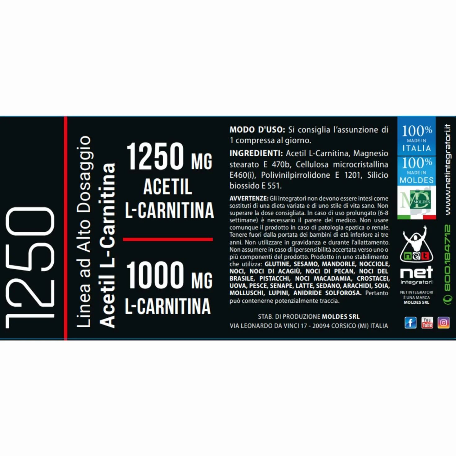 Net Integratori ALC 1250 60 compresse Integratore Acetil L-Carnitina Alto Dosaggio Pre Workout
