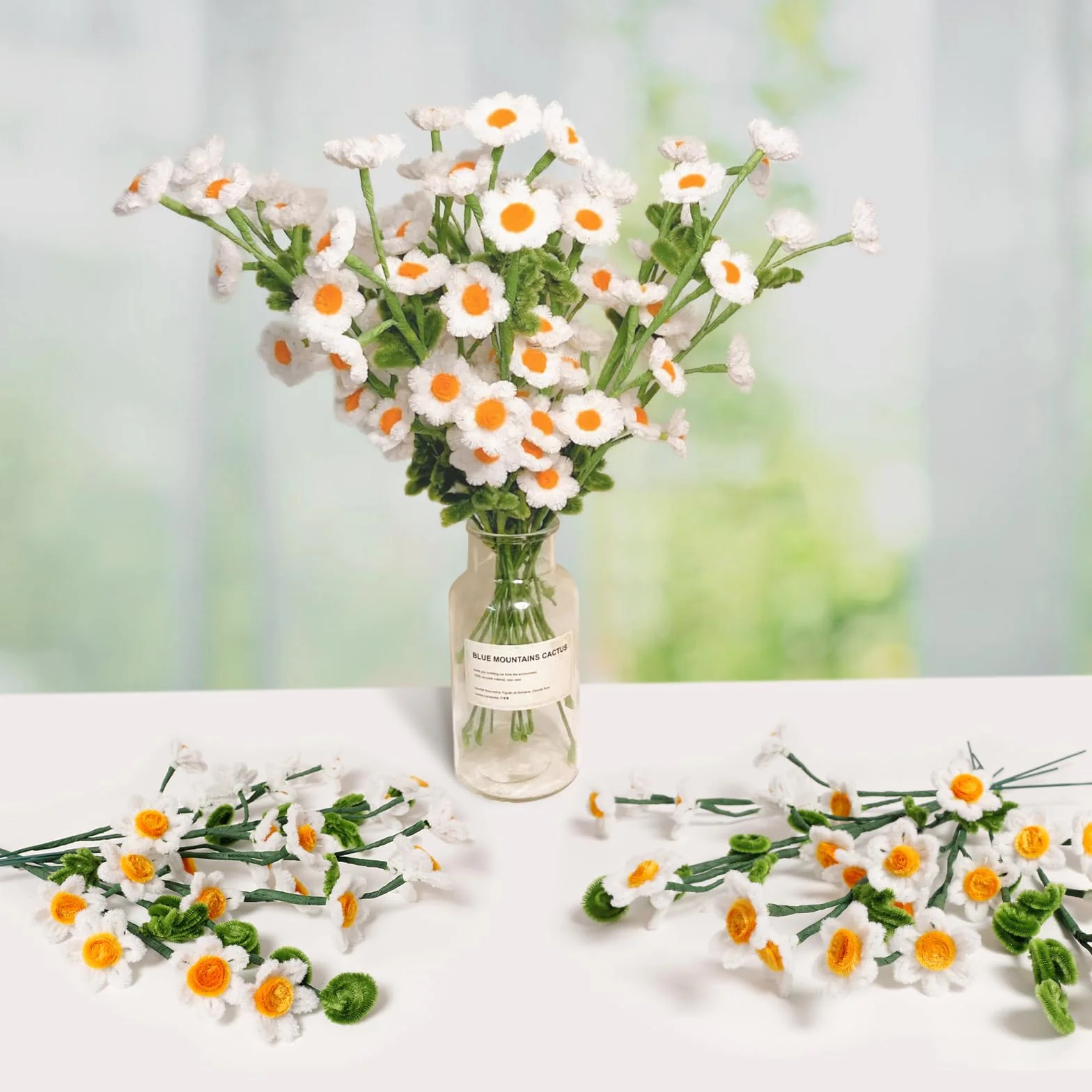 Daisy - Detergente per pipa per bouquet, 300 pezzi, per fai da te, filo di ciniglia, pulitore per pipe, con nastro e bastoncini per fiori, per progetti artigianali (verde, oro, bianco