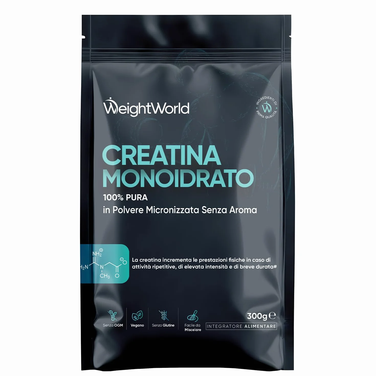 Creatina Monoidrata in Polvere 100% Pura, Vegana, 100 Dosi, 300g, Micronizzata, Pre Intra Post Workout