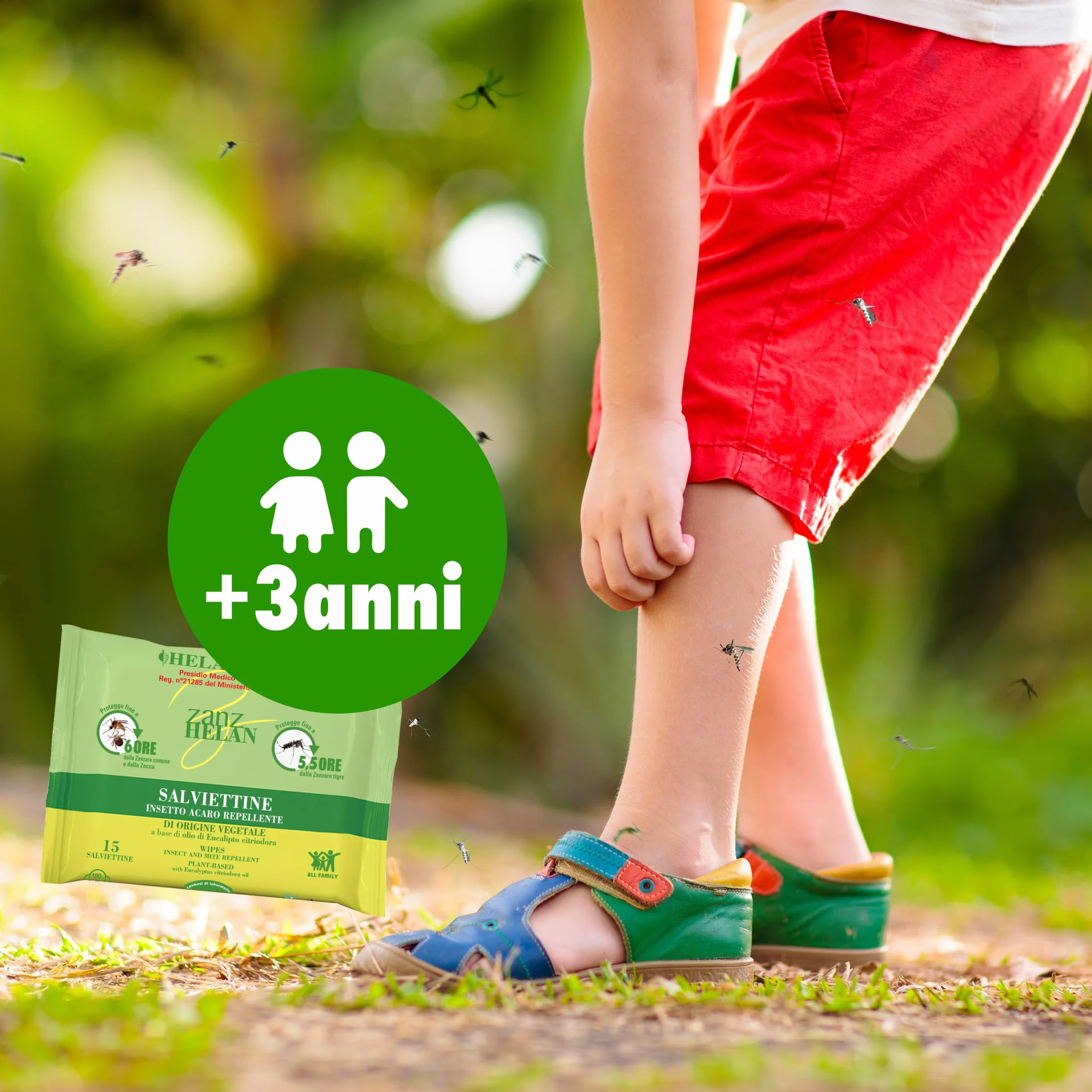 Helan Med Zanzhelan Salviette Umidificate Antizanzare 100% Cotone Bio Olio di Neem 15 Salviettine Repellente Zanzare Zecche 6 Ore