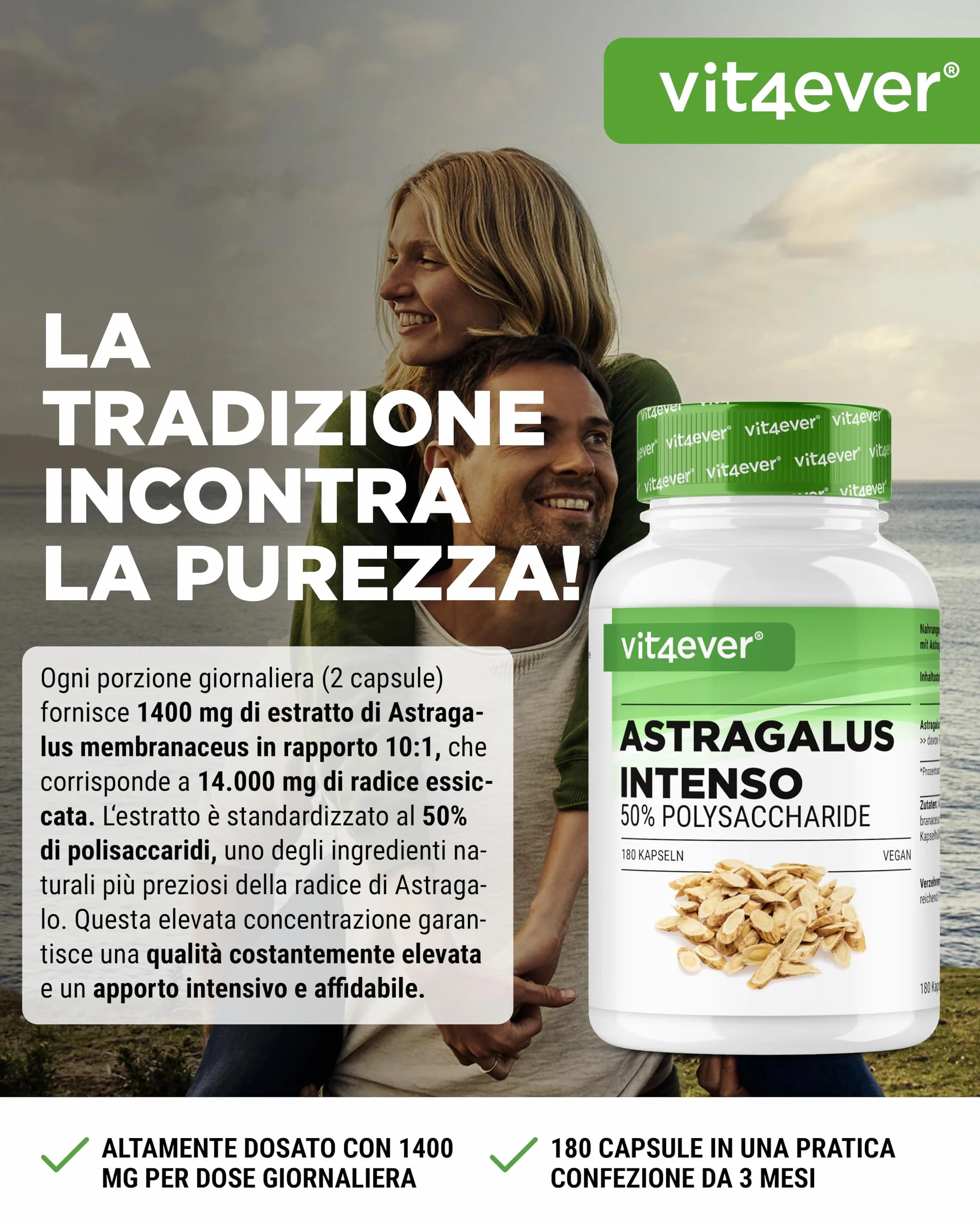 Vit4ever Astragalo 1400 mg Estratto Puro 180 Capsule 50% Polisaccaridi Integratore Vegano