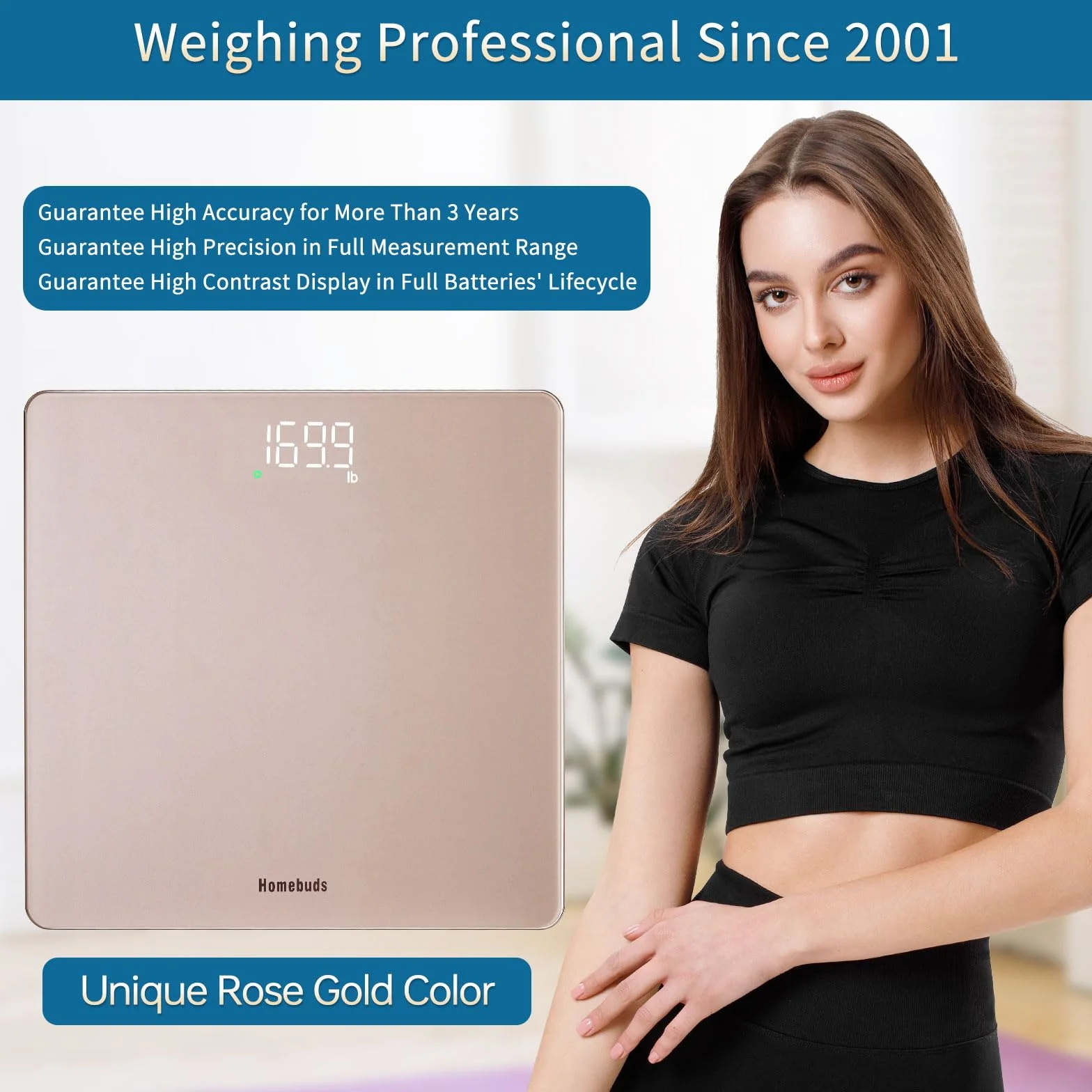 Bilancia Pesapersone Homebuds, 182kg Precisione 0,05kg LED Bianco, 3xAAA Incluse, Oro Rosa