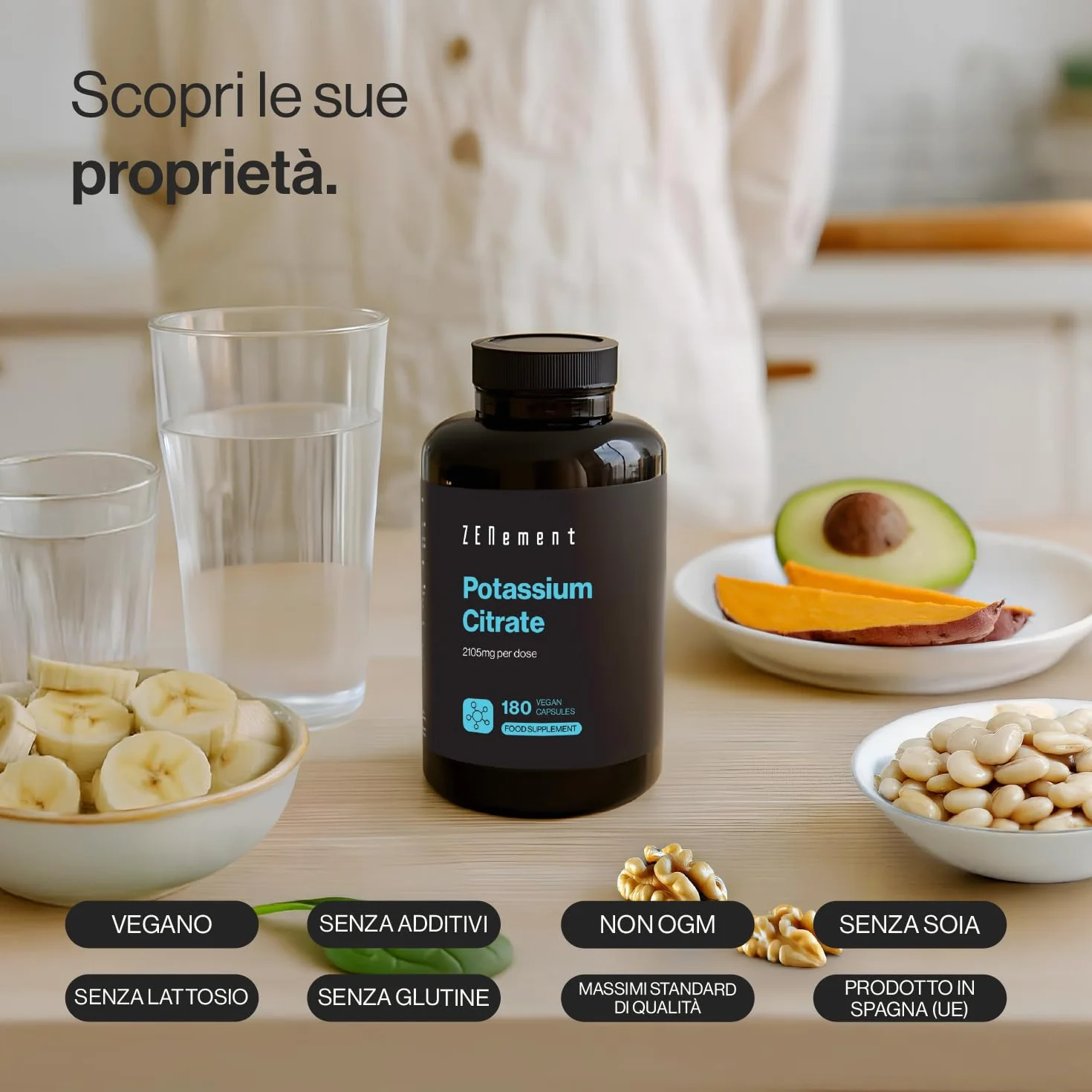 Citrato di Potassio 2105 mg per Dose (800 mg di Potassio Elementare in 2 capsule) - 180 Capsule per 3 Mesi - Supporto Muscolare, Nervoso e Pressione - Vegano e Senza Additivi - Zenement