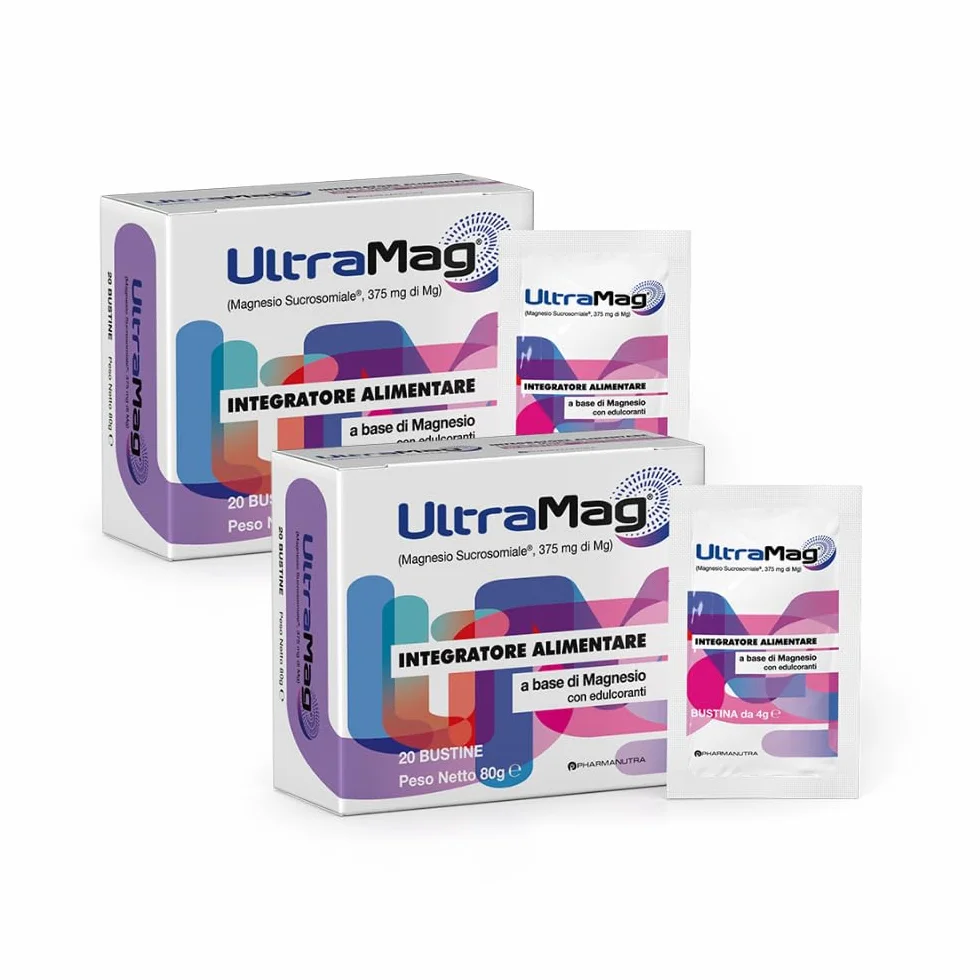 UltraMag Integratore di Magnesio Sucrosomiale 375 mg, Alto assorbimento, Riduce stress e affaticamento, 20+20 bustine, Pharmanutra