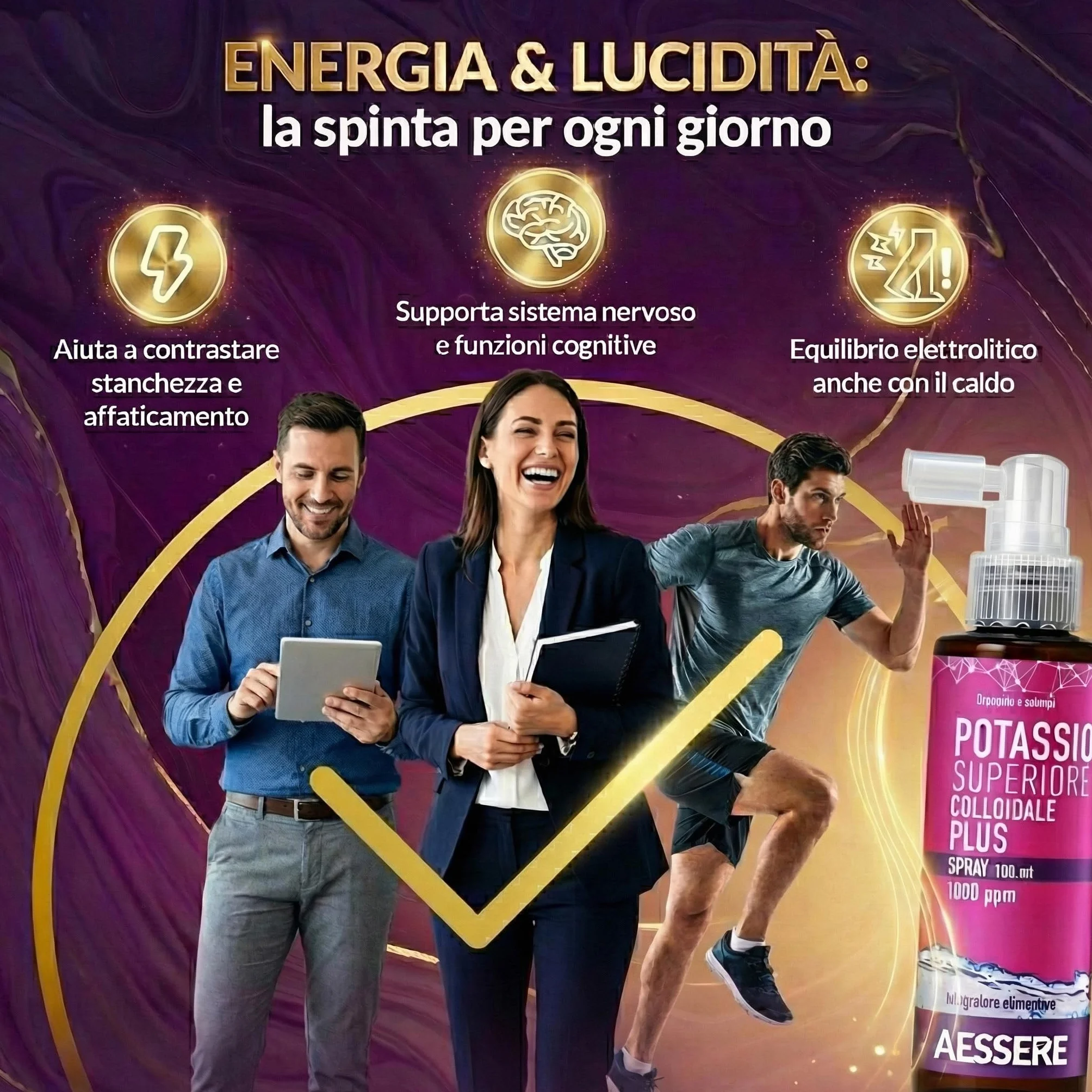 Potassio Colloidale Spray - Integratore di Potassio Plus ad Alta Biodisponibilità 1000 ppm Supporto per Crampi, Muscoli e Sistema Nervoso, Senza Zuccheri, Gusto Neutro - Made in Italy- Aessere 100ml