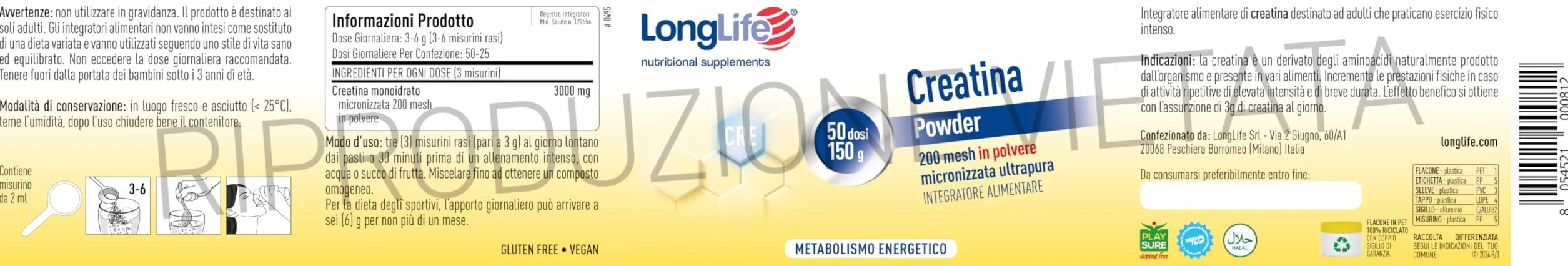 LongLife® Creatina Powder | Creatina monoidrato micronizzata ultrapura | Energia e forza muscolare | Performance fisica e sportiva | 50 dosi | Vegano e senza glutine