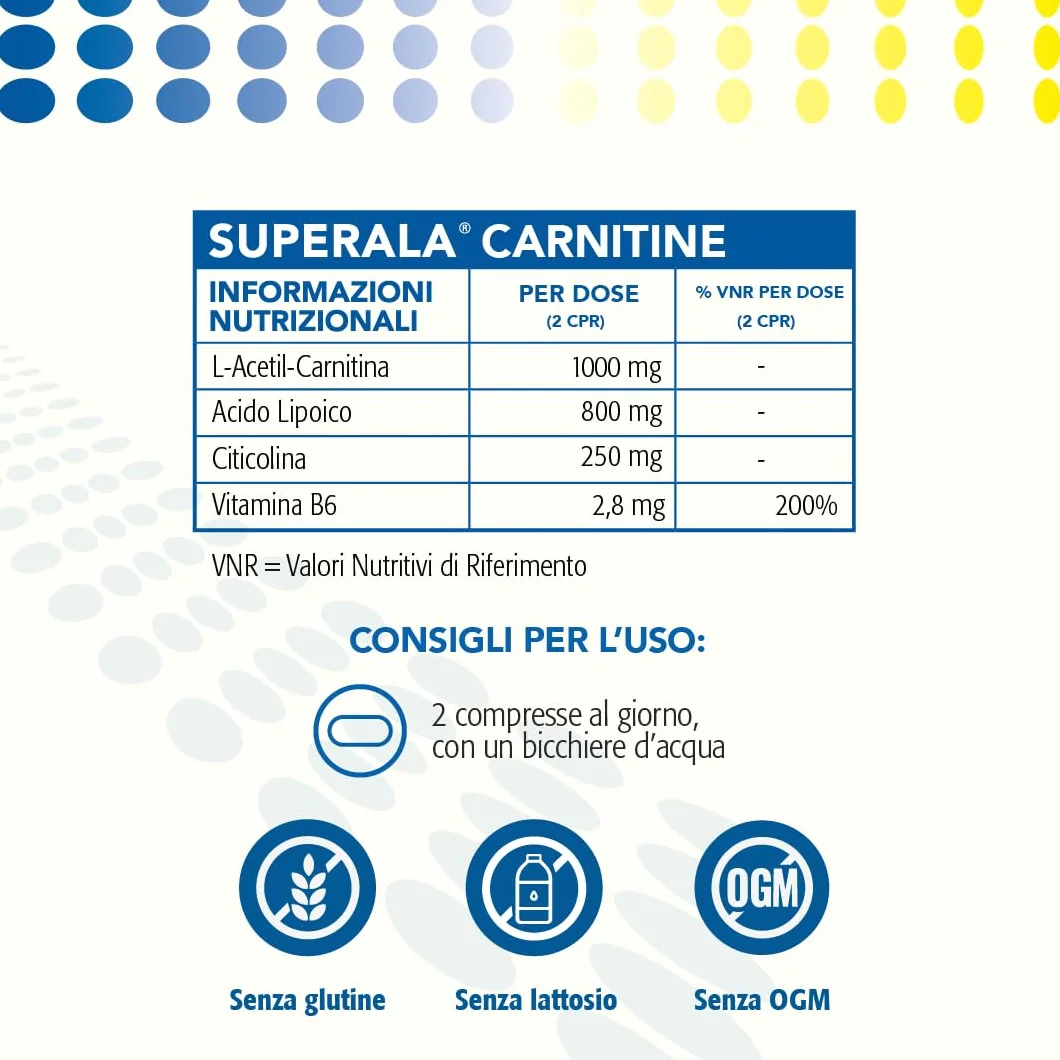 SuperAla Carnitina Integratore Alimentare L-Acetil-Carnitina Acido Alfa-Lipoico Citicolina Vitamina B6 30 compresse