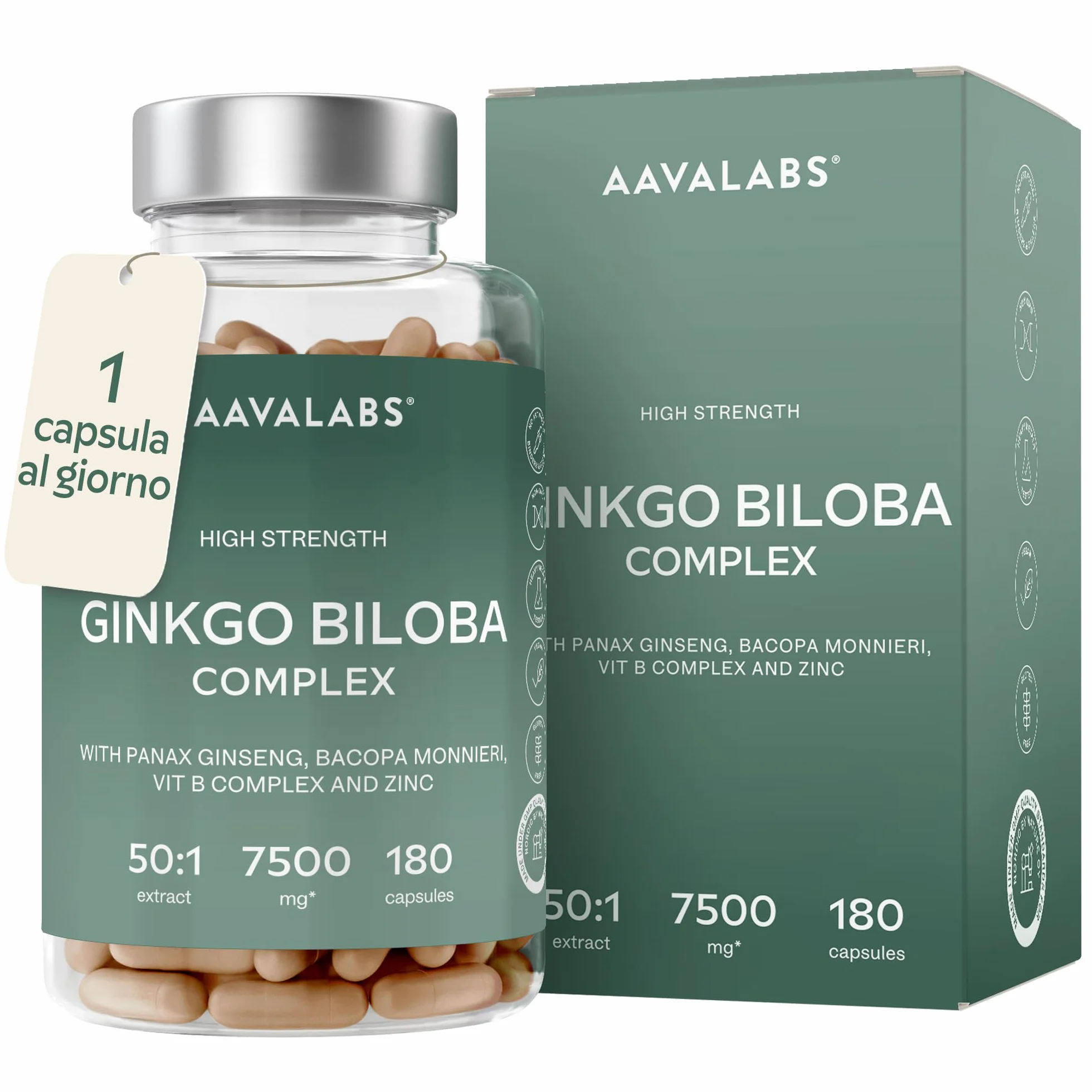Ginkgo Biloba Integratore 7500mg 50:1 con Ginseng Rosso Coreano, Bacopa Monnieri, Vitamina B Complex, Zinco - Nootropico Memoria e Concentrazione - 180 capsule