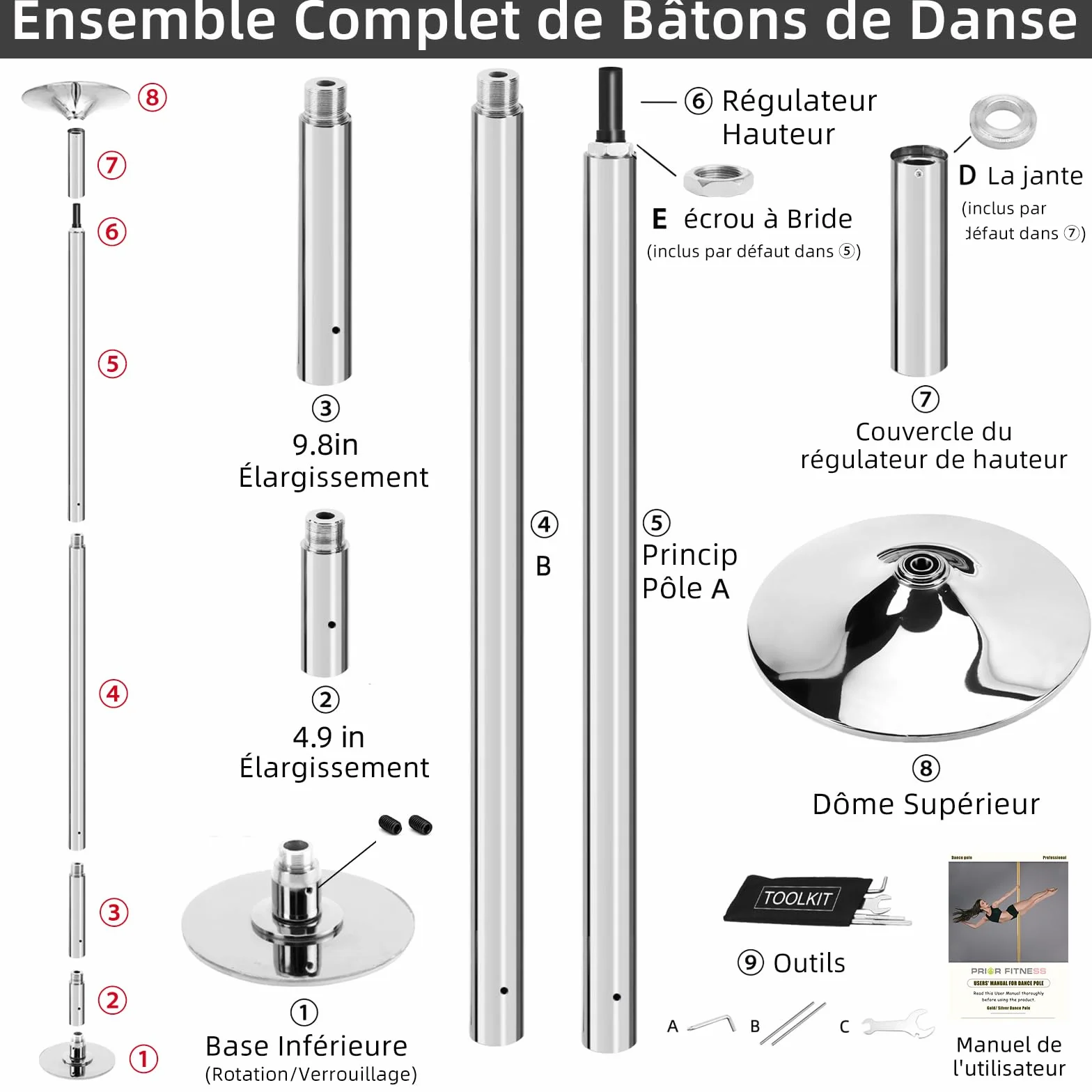 PRIOR FITNESS Palo Pole Dance da Casa 45 mm 2,35-2,74 m Regolabile Rotante/Statica 200 kg
