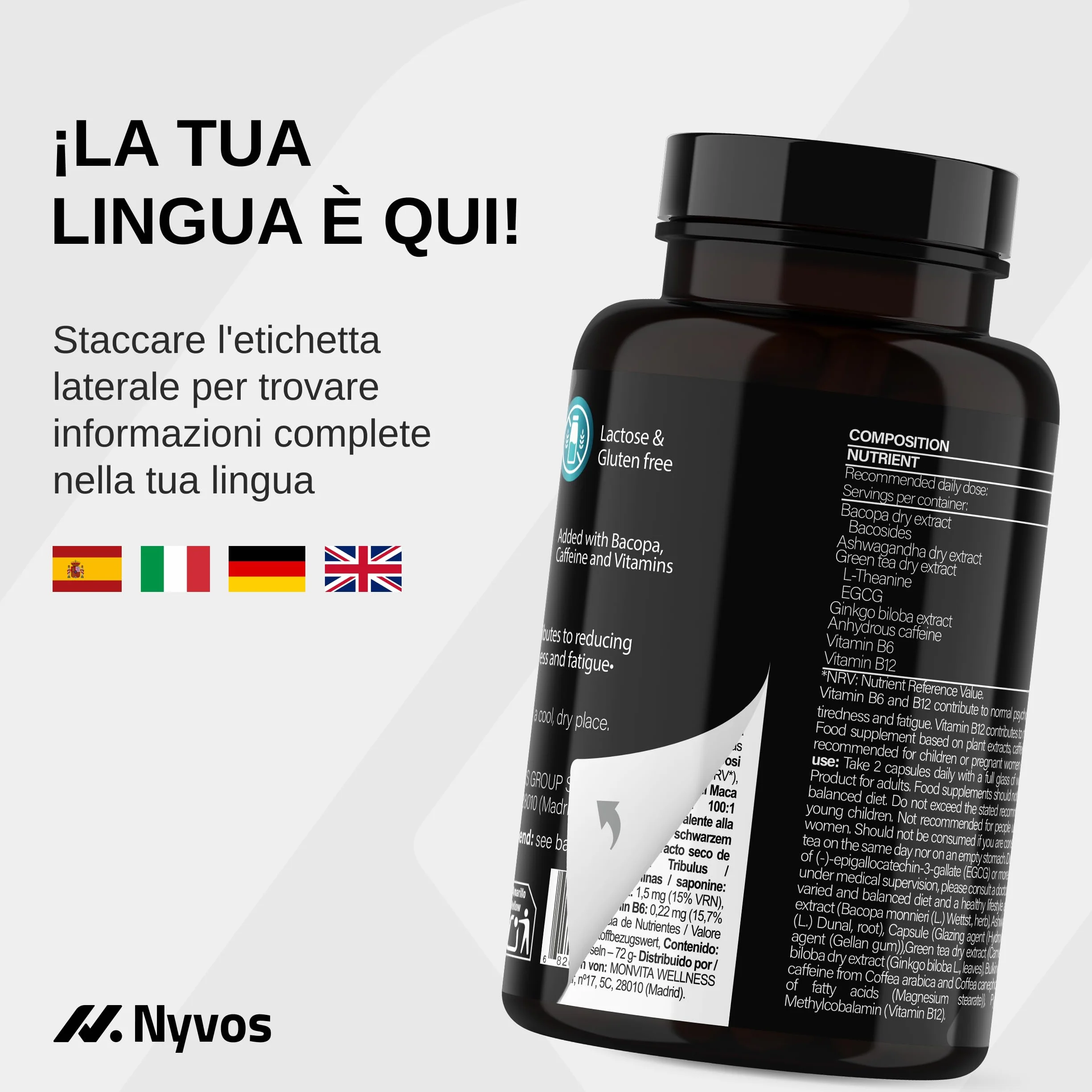 L Teanina, Ginkgo Biloba, Ashwagandha – Nootropico con Bacopa Monnieri, caffeina naturale, vitamine B6 & B12 ad alto dosaggio | Focus, concentrazione & energia senza nervosismo | 90 capsule vegane