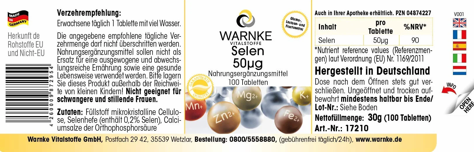 Selenio 50 mcg - 100 compresse - Antiossidante | Warnke Vitalstoffe - Qualità da farmacia tedesca