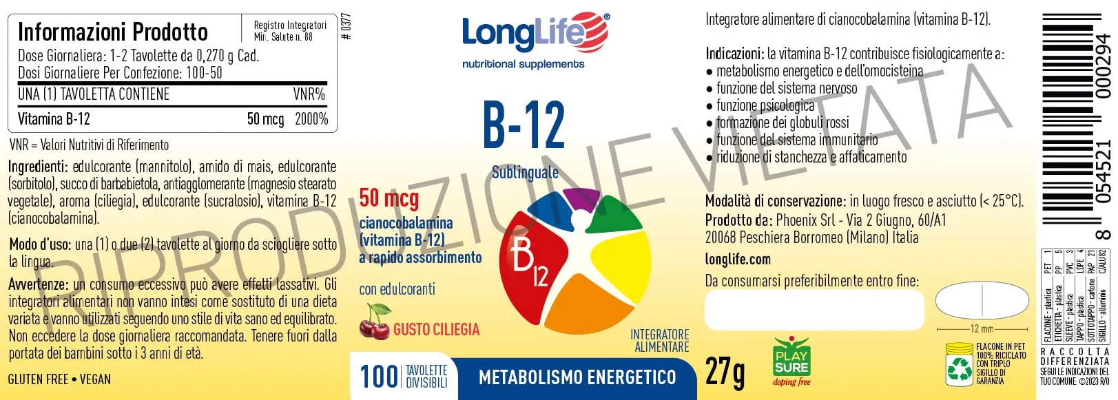 LongLife B12 50 mcg 100 tavolette divisibili sublinguale vegano senza glutine