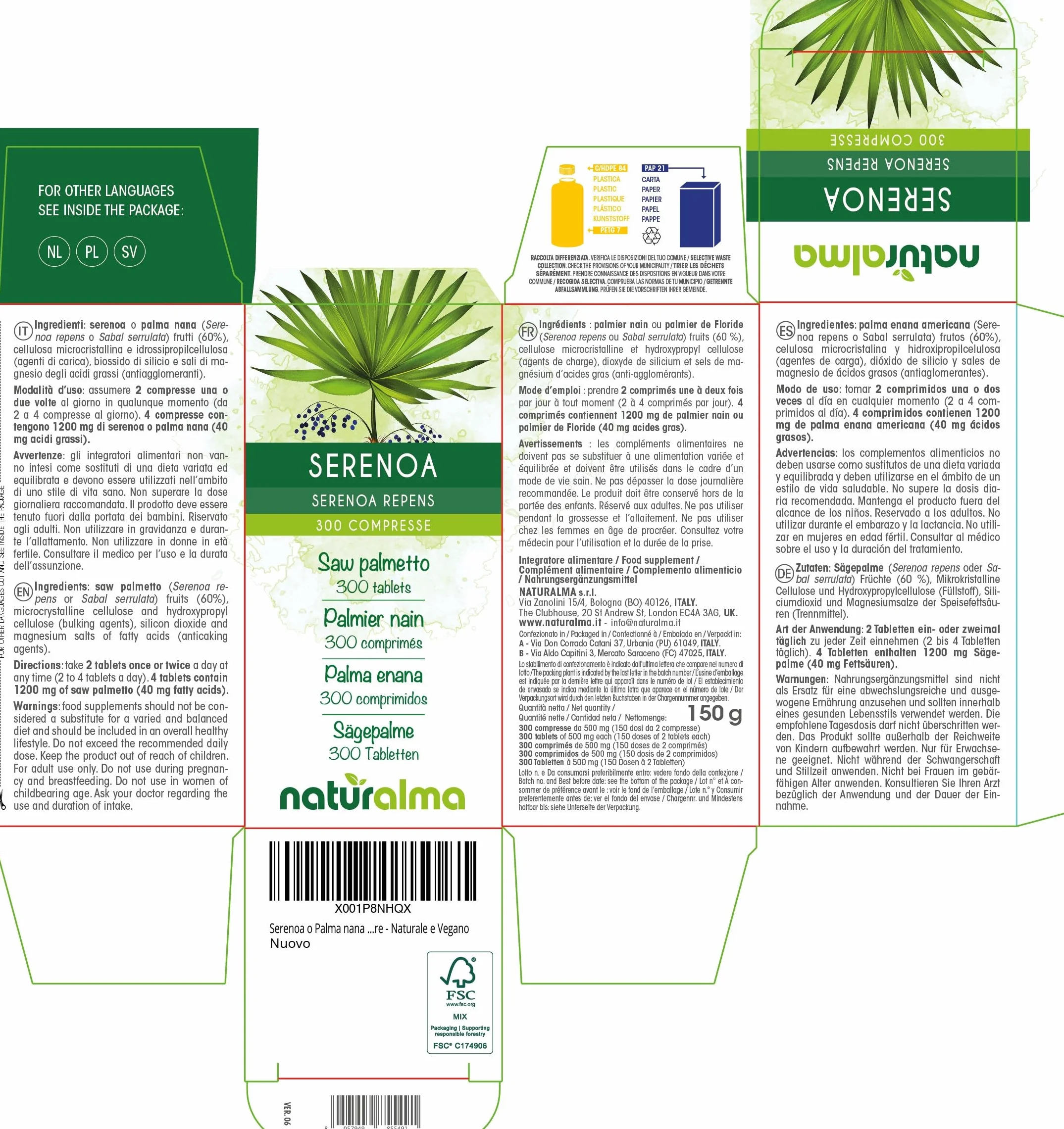 Naturalma Serenoa repens integratore alimentare 150 g 300 compresse