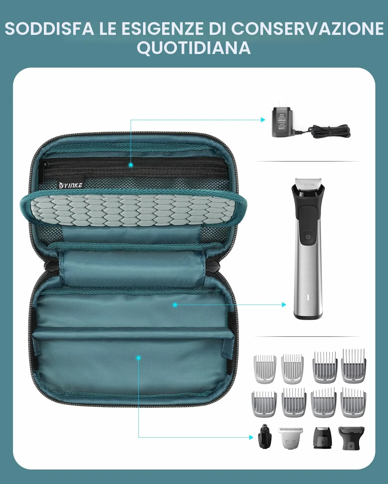 Yinke Custodia da viaggio per rasoio Multigroom serie 3000/5000/7000/9000, rasoio elettrico da uomo con regolabarba e accessori, borsa organizer da viaggio (nero)