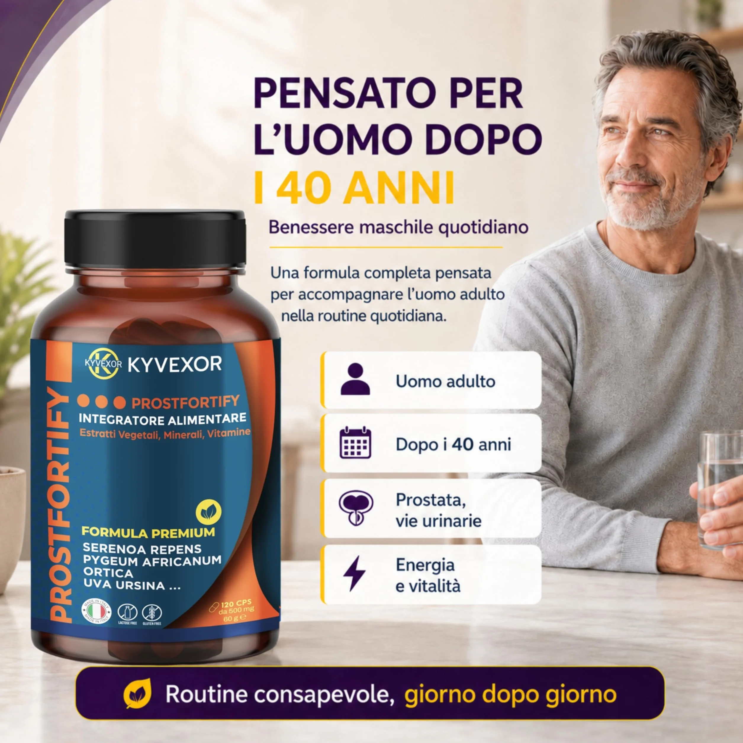 KYVEXOR ProstFortify Integratore Prostata Uomo 10 in 1 Serenoa Repens Saw Palmetto Pygeum Africanum Curcuma Zinco Vitamina C D3 Prostate Support Benessere Prostatico Vie Urinarie