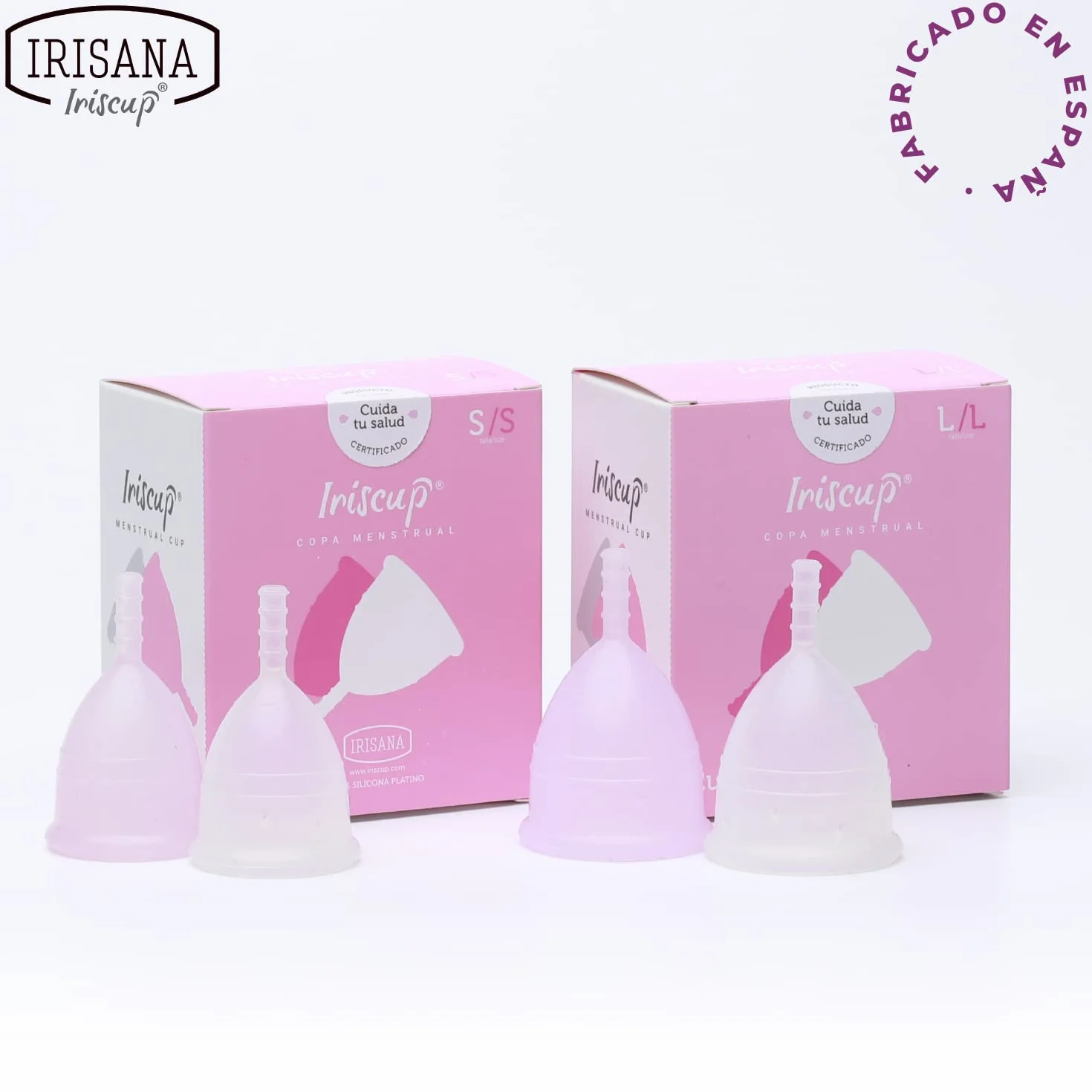 Irisana - Coppetta Mestruale - Confezione da 2 Unità - Taglia L - Rosa e Trasparente - 9 x 6 x 10 cm - Silicone Chirurgico - Compatibile con IUD - Modello Iriscup