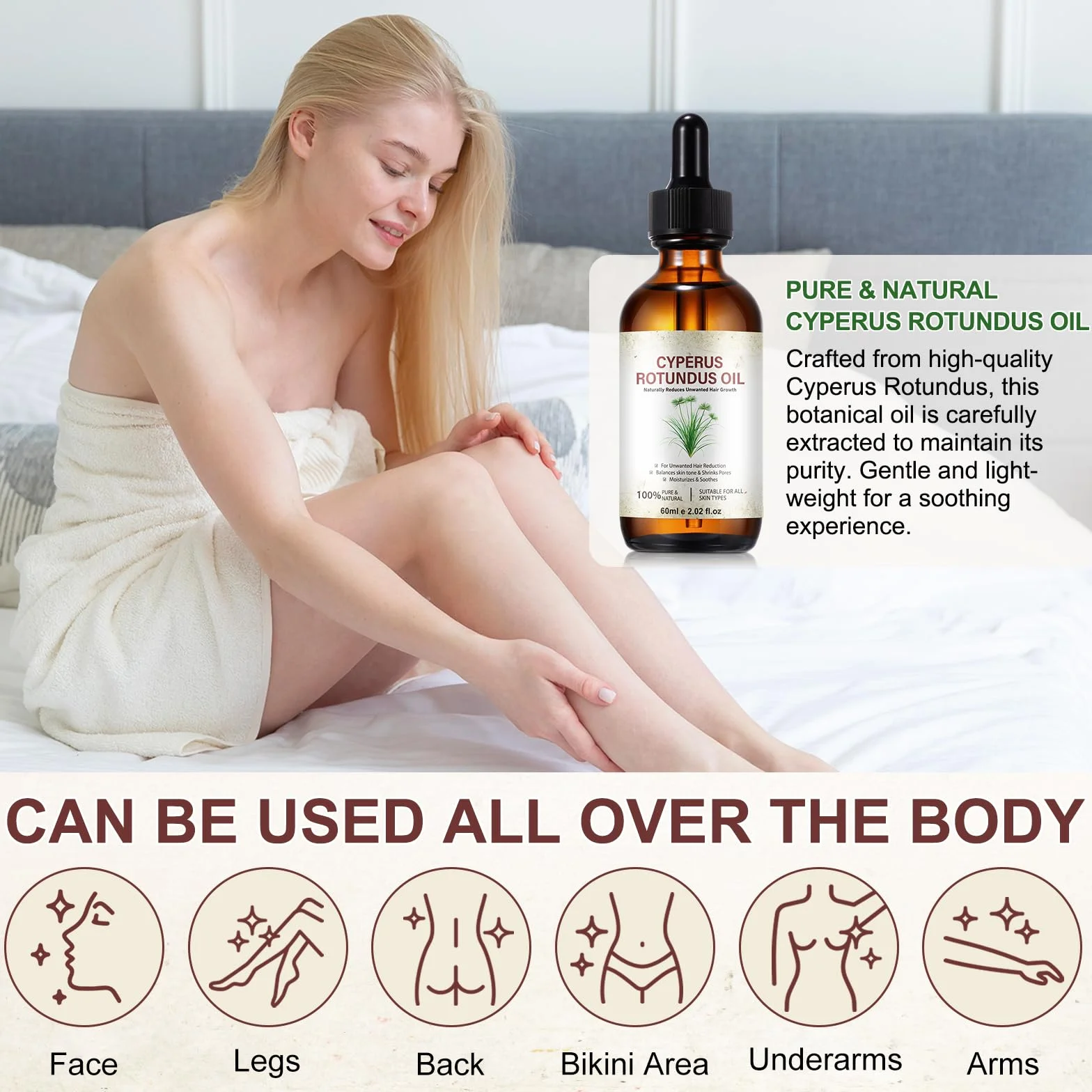 Olio di Cyperus Rotundus, Olio per rimozione dei peli Cyperus Rotundus 120ML – Ripara con peptidi, riduce la crescita dei peli e perfeziona i pori | Bloccante naturale del DHT per una pelle