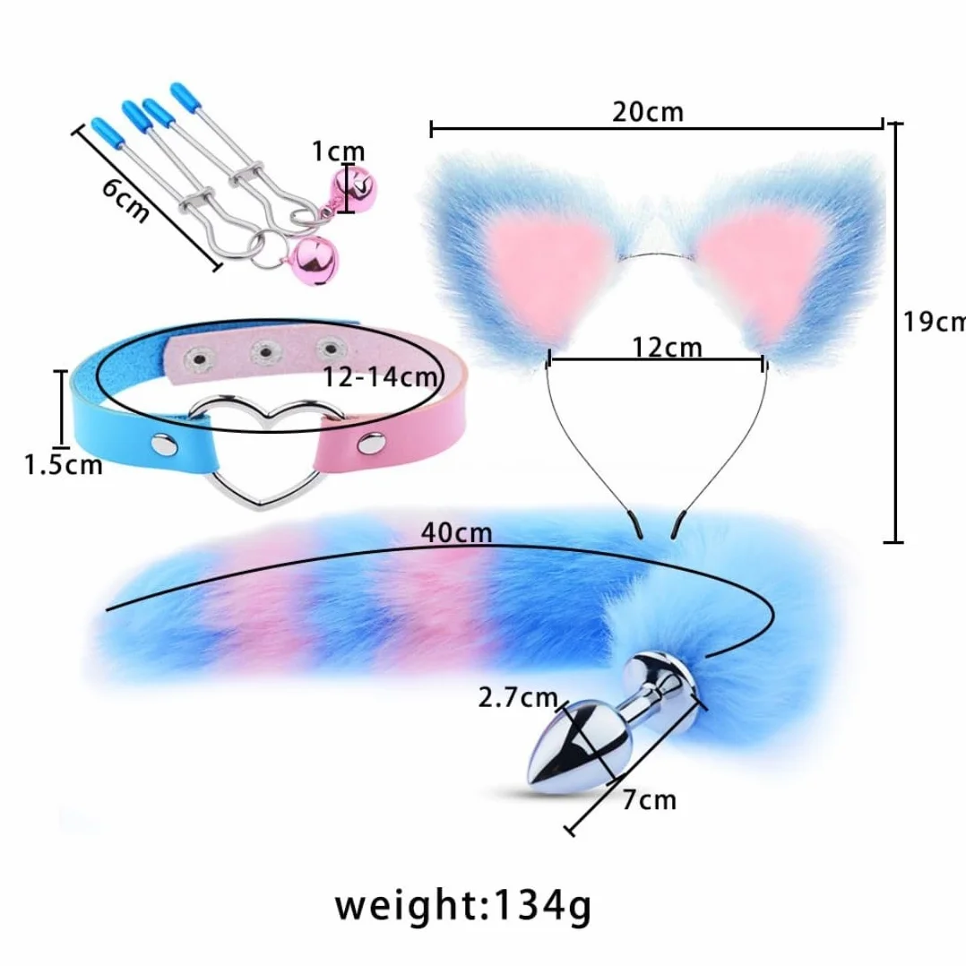 𝙎𝙚̣𝙭 𝙏σ𝙮𝙨 Un Set di Accessori per Coda di Volpe con Fascia per Orecchie di Gatto Godetevi La Coppia Giocosa E Affascinante! Cosplay Set di Quattro Pezzi Blu Un Regalo per Uomini E Donne