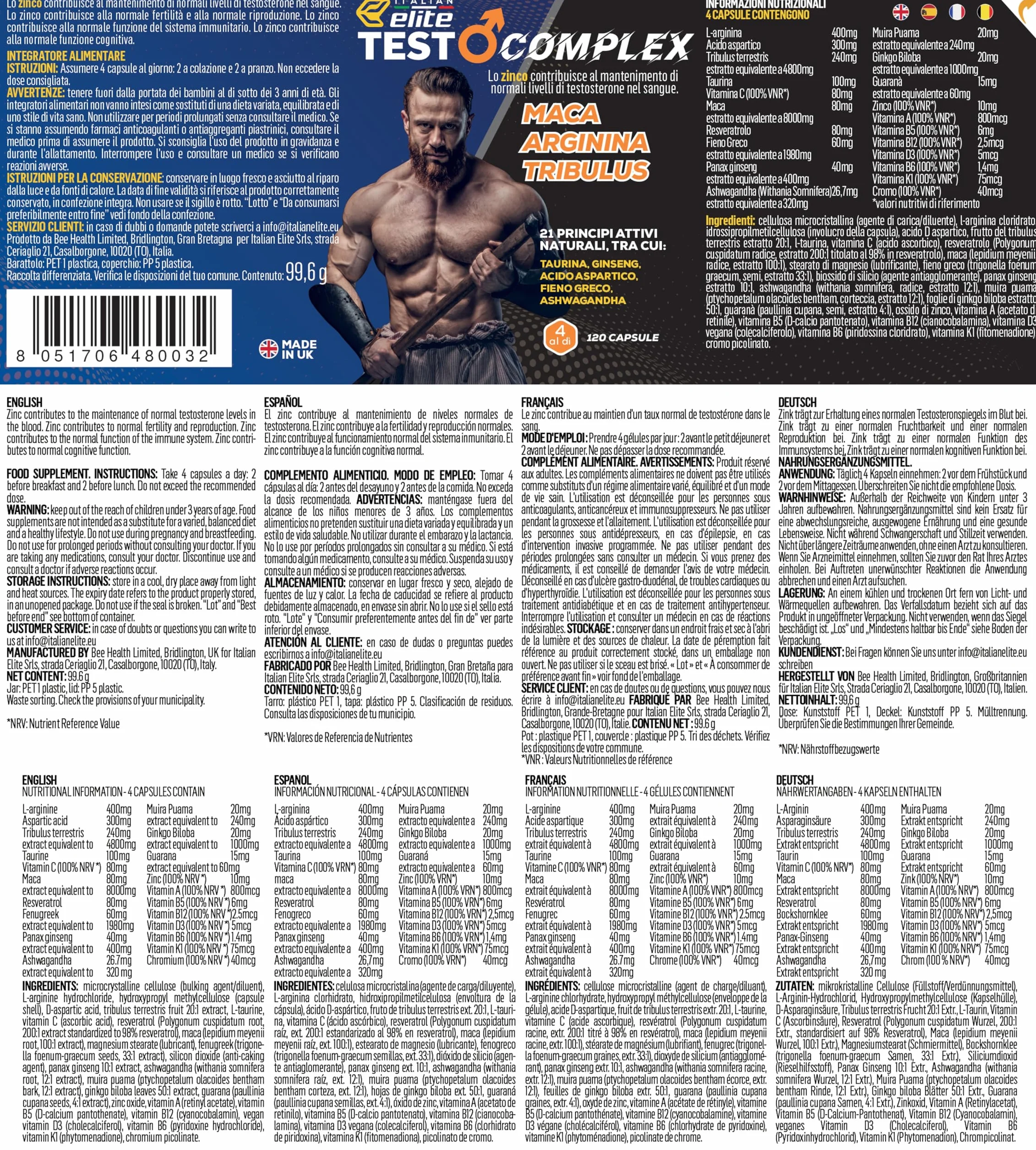 Italian Elite® Testo Complex 120 caps Maca 8000mg. Tribulus, Fieno Greco, Zinco, Arginina, Ashwagandha, Vitamine e Minerali