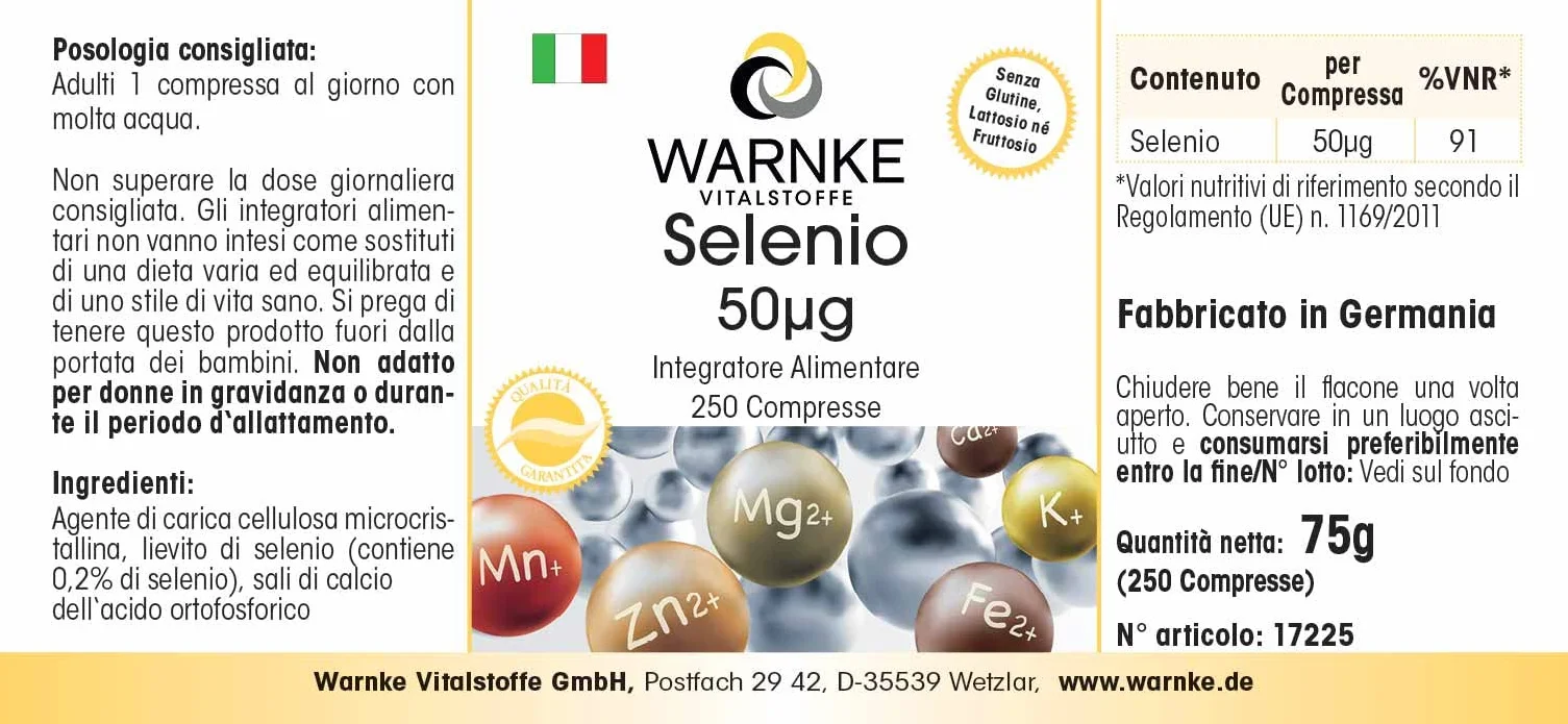 Selenio 50 mcg - 250 compresse - Antiossidante | Warnke Vitalstoffe - Qualità da farmacia tedesca