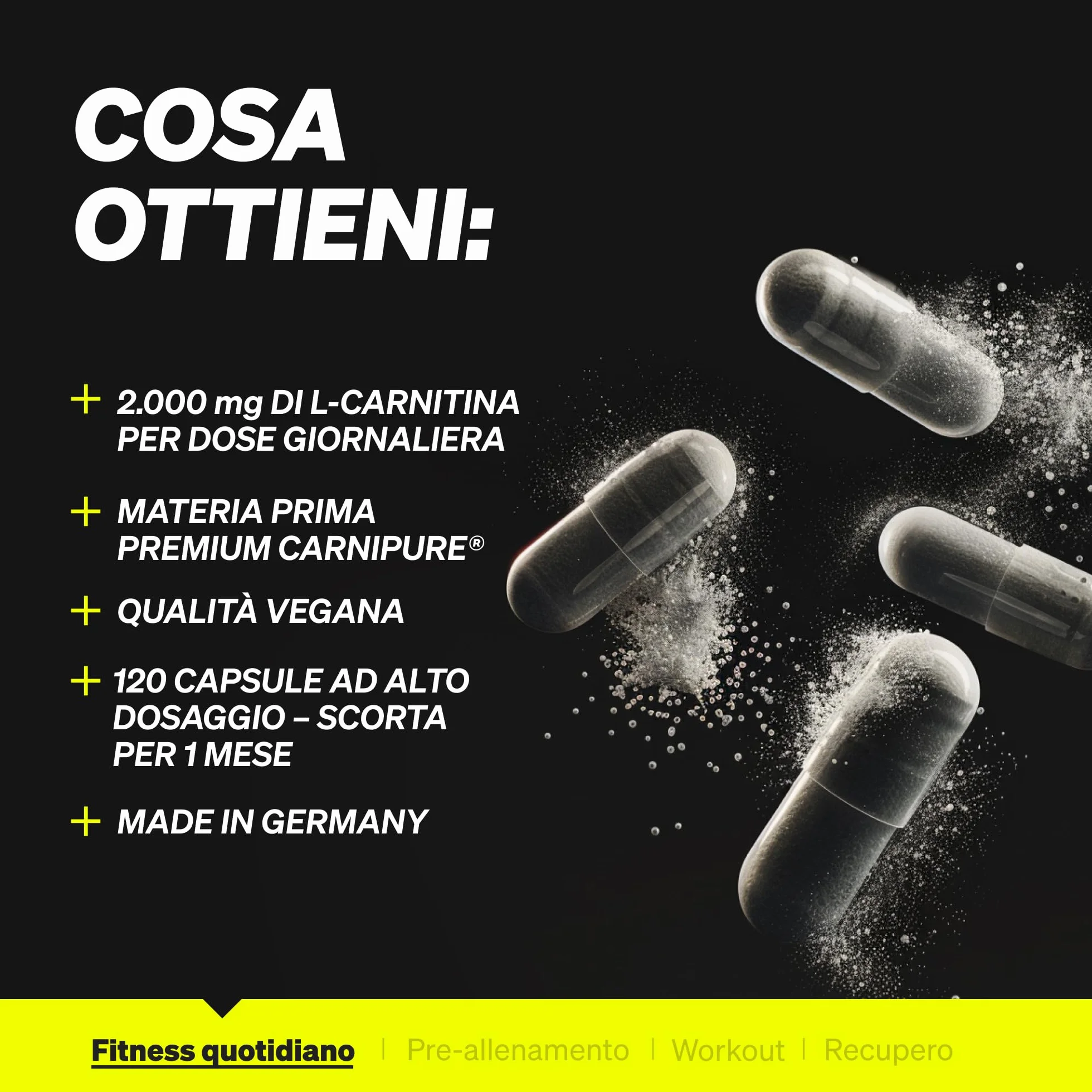 L-Carnitina 2000 con Carnipure, 2000 mg di L-carnitina per Dose Giornaliera, 120 Capsule Vegan, ad Alto Dosaggio e Senza Additivi, Prodotto e Testato in Laboratorio in Germania