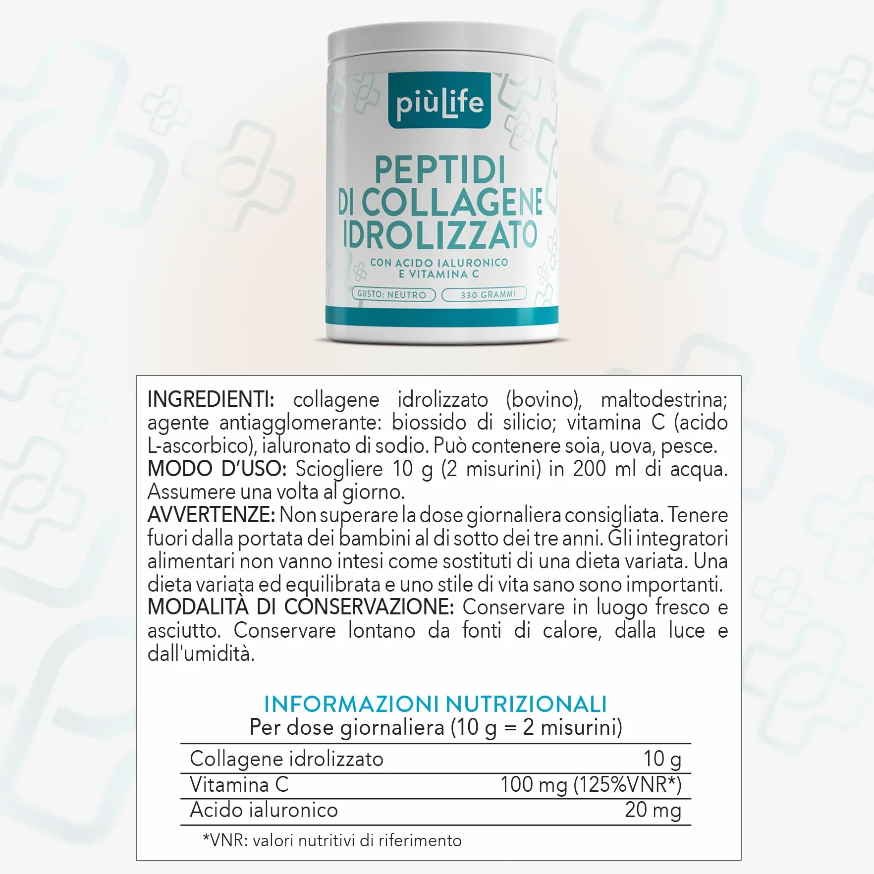 Peptidi di Collagene Idrolizzato Tipo 1 – 330g con Acido Ialuronico e Vitamina C PiùLife – Integratore Collagene Bovino