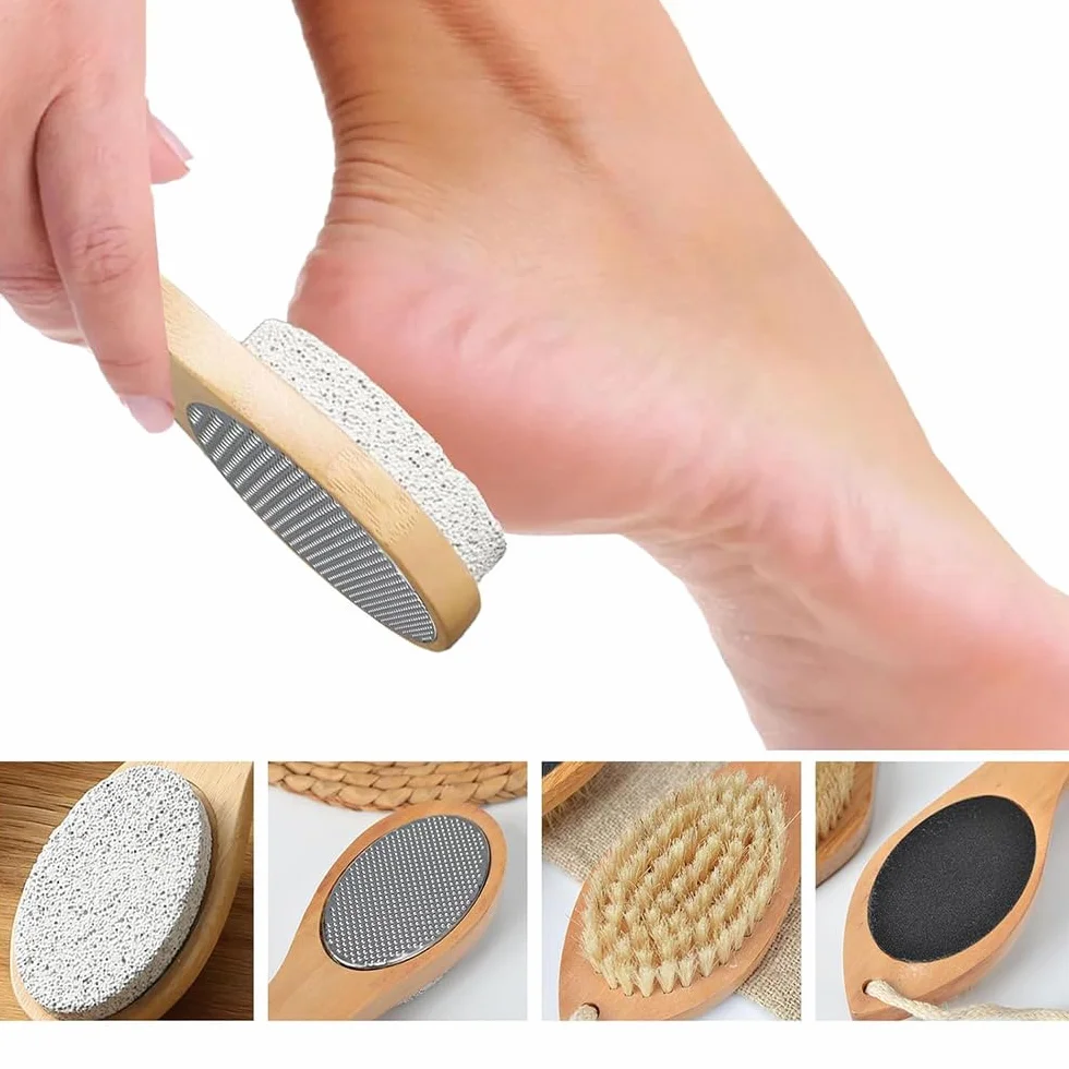 Spazzola per Piedi in Legno 4 in 1 con Pietra Pomice e Raspa Mentale