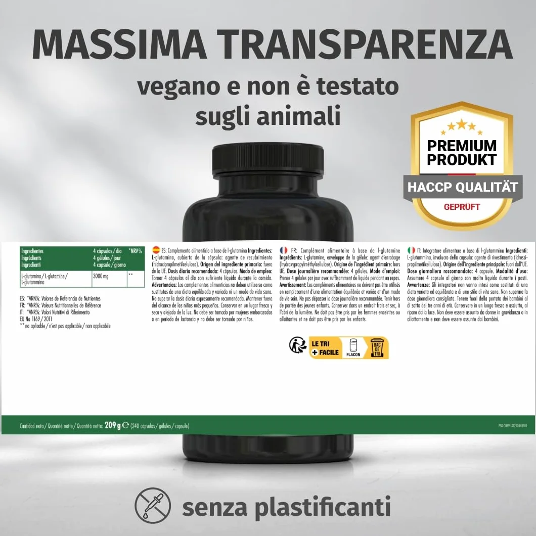 Green Naturals® L-Glutammina – Alto dosaggio 3.000 mg per dose giornaliera – Aminoacido puro in forma libera da fermentazione naturale – 100% vegana & senza additivi – 240 capsule (60 giorni)