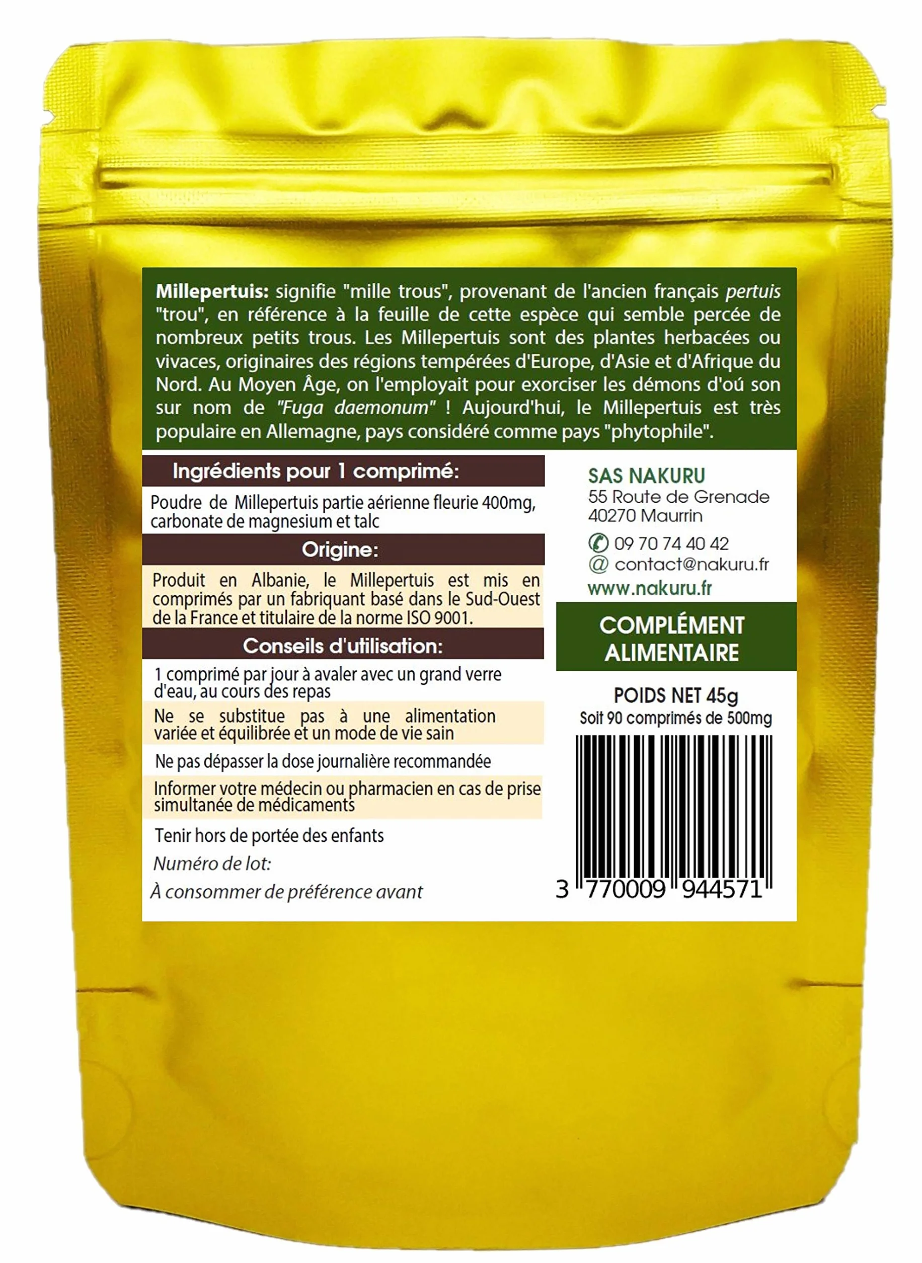 Erba di San Giovanni | 90 compresse da 500mg | NAKURU Relax | Polvere organica secca e compressa a freddo | Analizzata e condizionata in Francia | "La Caccia al Demone!"