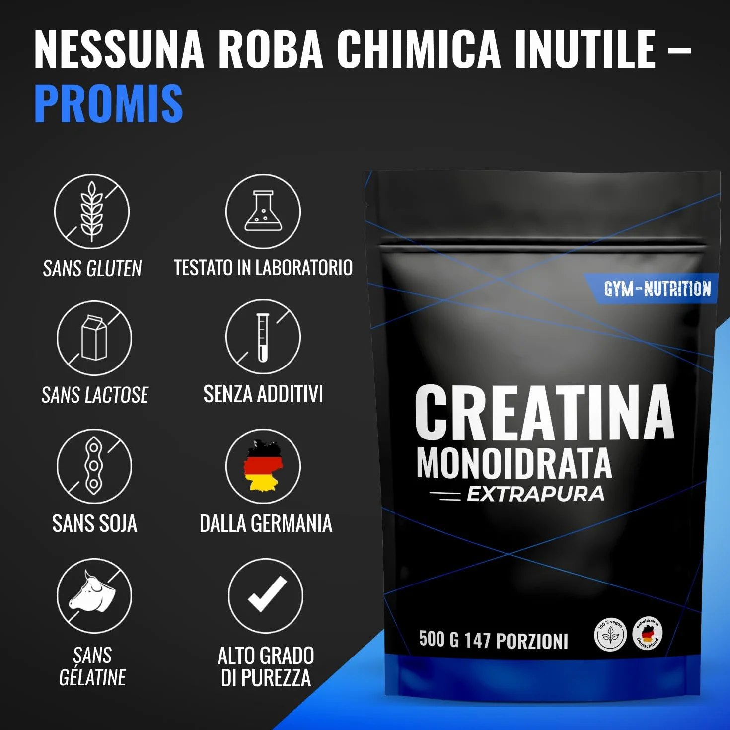 Creatina Monoidrata 500g 147 Porzioni Extrapura Senza Impurità Vegan Sviluppata Germania