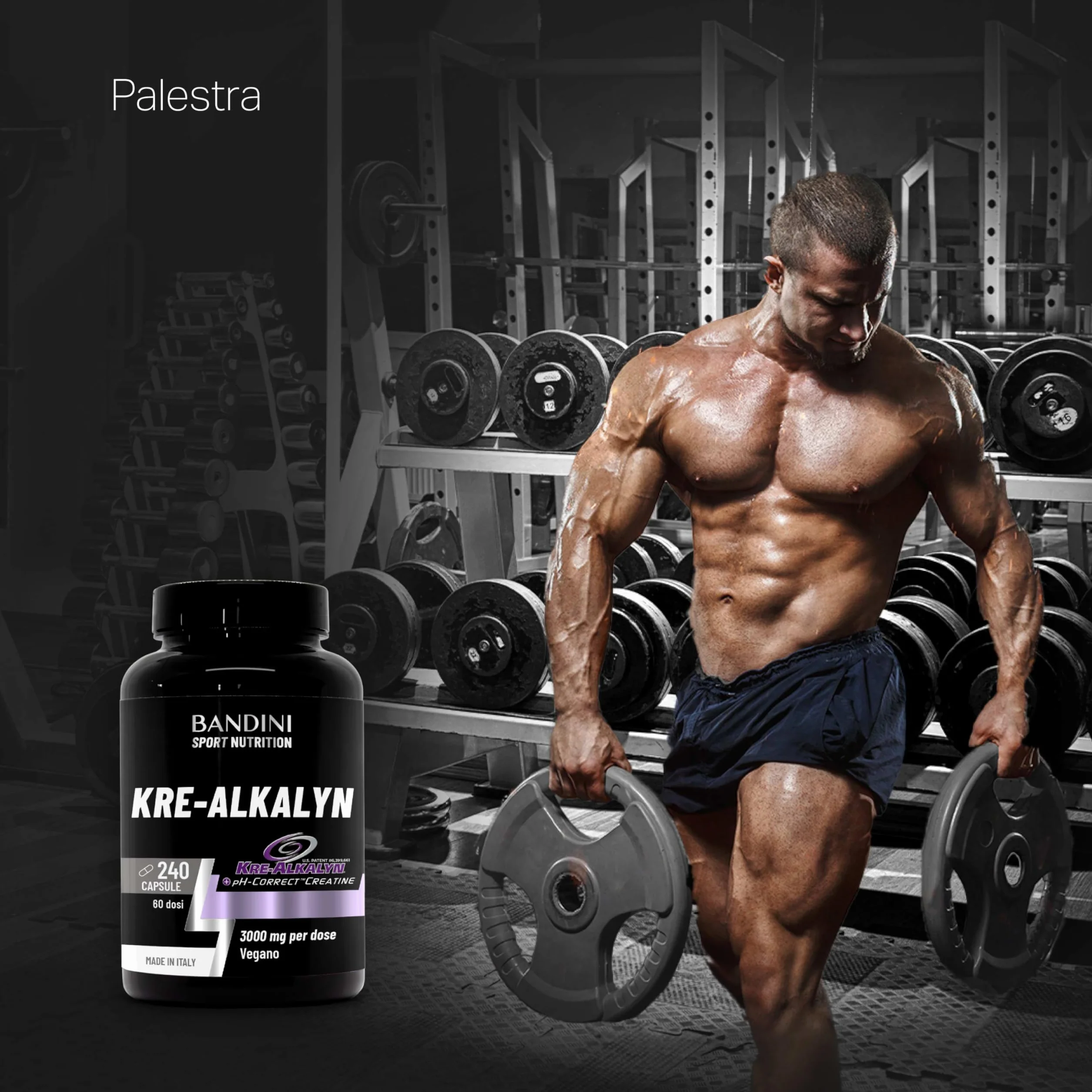 Bandini® Kre-Alkalyn® 240 capsule (Scorta per 2 Mesi) - Creatina Alcalina Tamponata per Allenamento Intenso, Sport, Palestra e Pre Post Workout - A base di Creatine Monoidrato - 100% Vegan