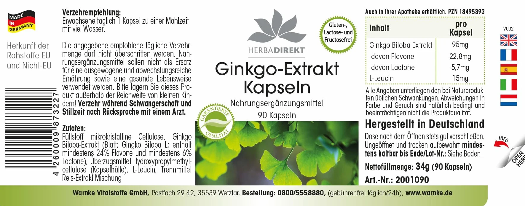 Estratto Ginkgo Biloba capsule 95mg - 90 capsule - almeno 24% di flavoni e almeno 6% di lattoni | HERBADIREKT by Warnke Vitalstoffe - Qualità da farmacia tedesca