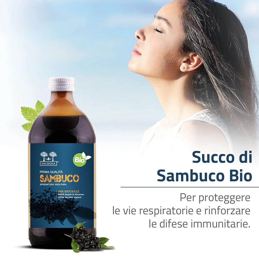 SUCCO DI SAMBUCO BIO Salugea - 100% Puro e Biologico - Integratore Fluidificante per le Vie Respiratorie, Antiossidante, Diuretico e Depurante - Flacone in Vetro Scuro - 500 ml