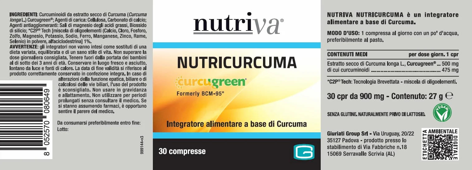 NUTRIVA Nutricurcuma Integratore Alimentare Curcuma Brevettata Curcugreen 475mg Curcuminoidi 30 Compresse Vegani