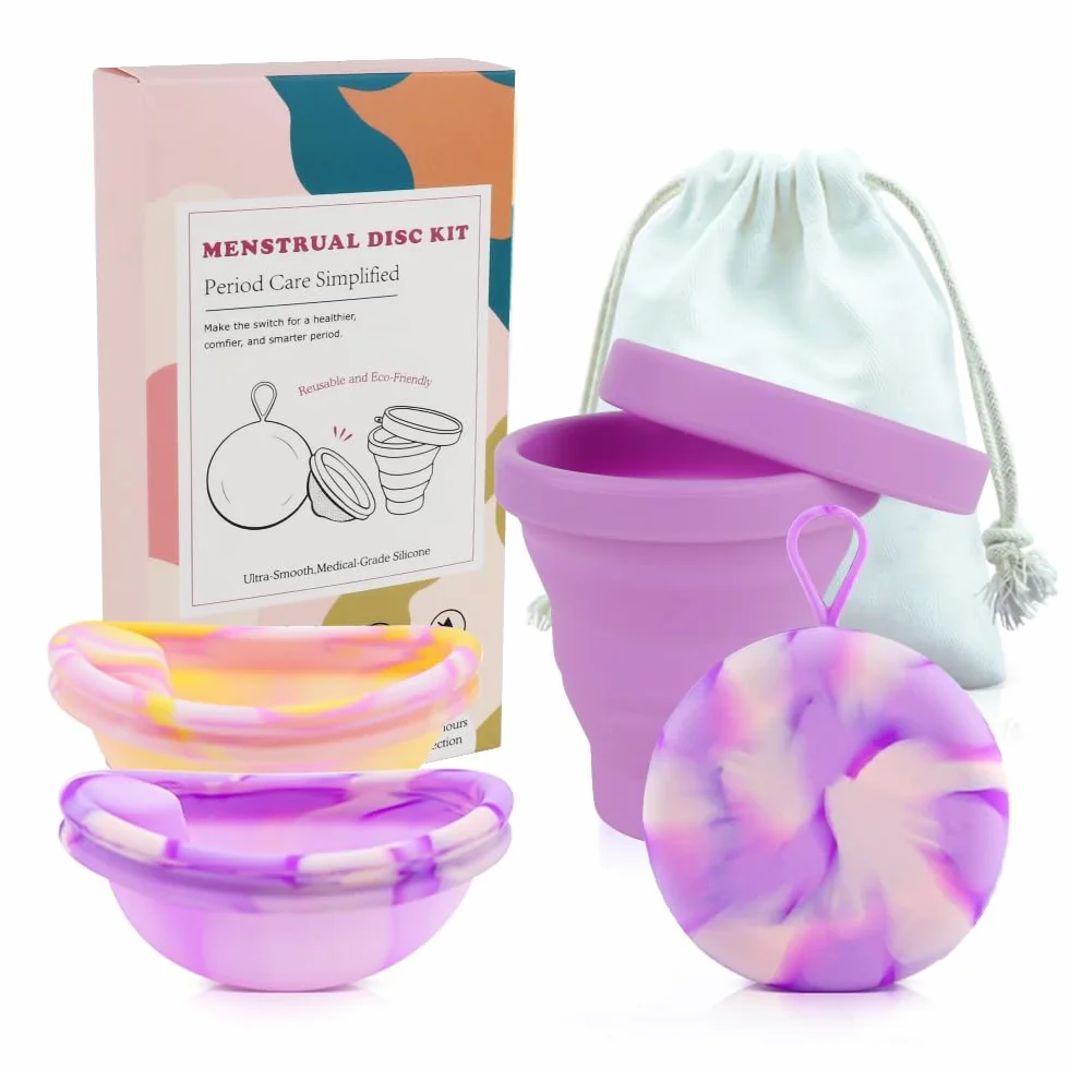 Set di dischi mestruali, disco mestruale con 2 dischi periodici di taglia S+L, sterilizzatore e borsa di stoccaggio, disco mestruale riutilizzabile per donne attive sport, nuoto, intimità