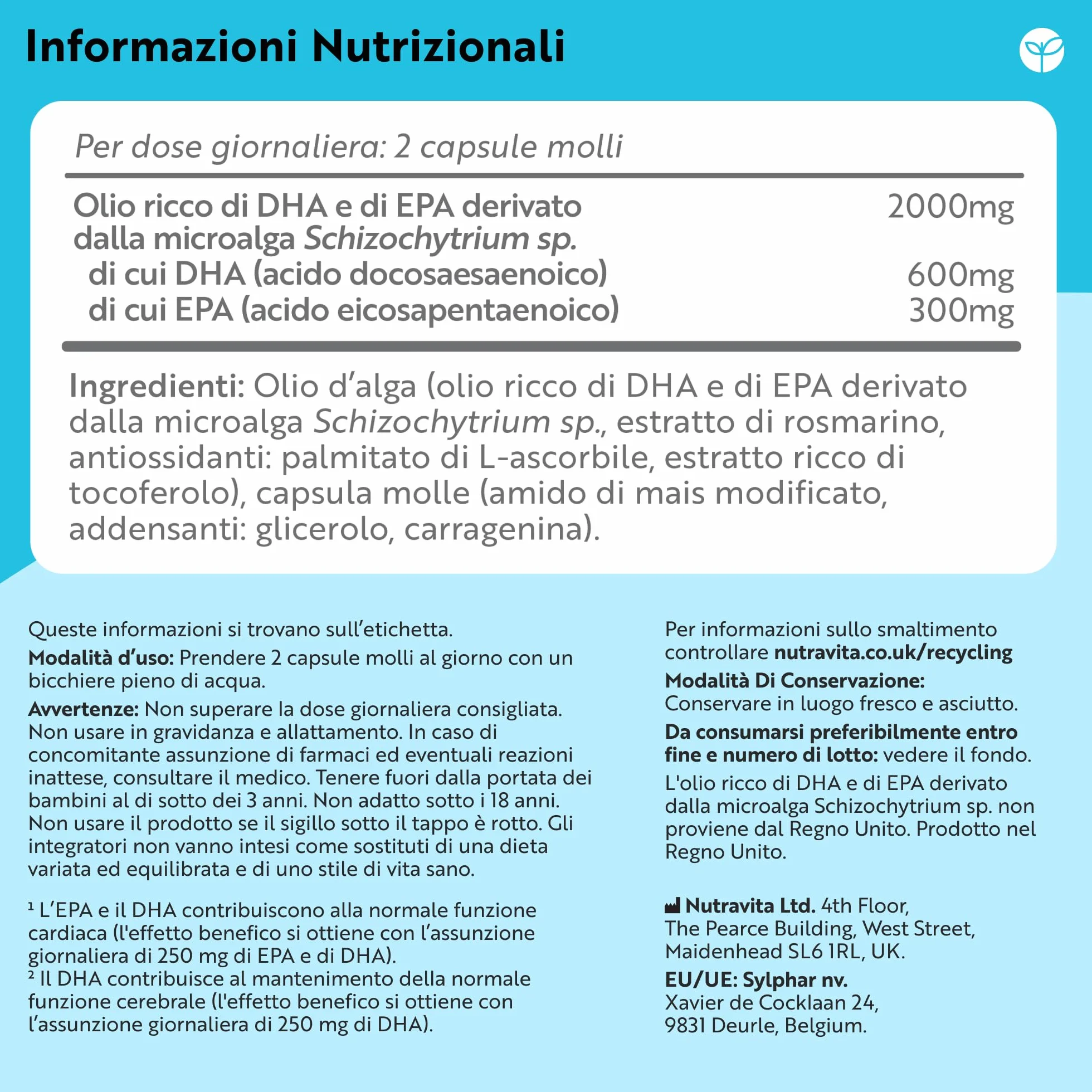 Nutravita Omega 3 Vegan 2000mg 60 Capsule Molli Vegane 600mg DHA 300mg EPA Integratore Olio di Alghe
