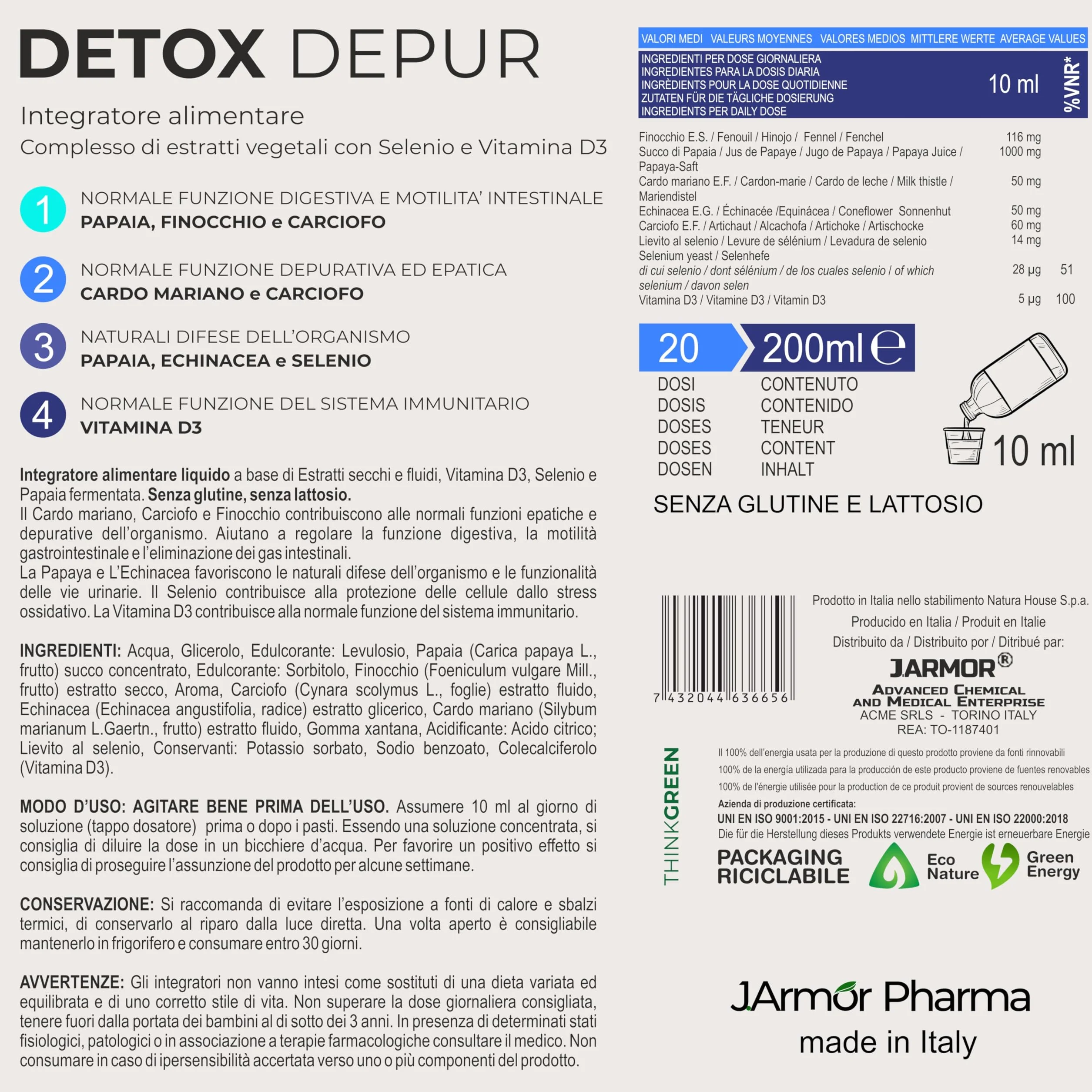 Detox Fegato e Intestino Depur Liquido 200 ml Drenante Naturale con Cardo Mariano Carciofo Finocchio Echinacea Papaia Selenio Vitamina D3