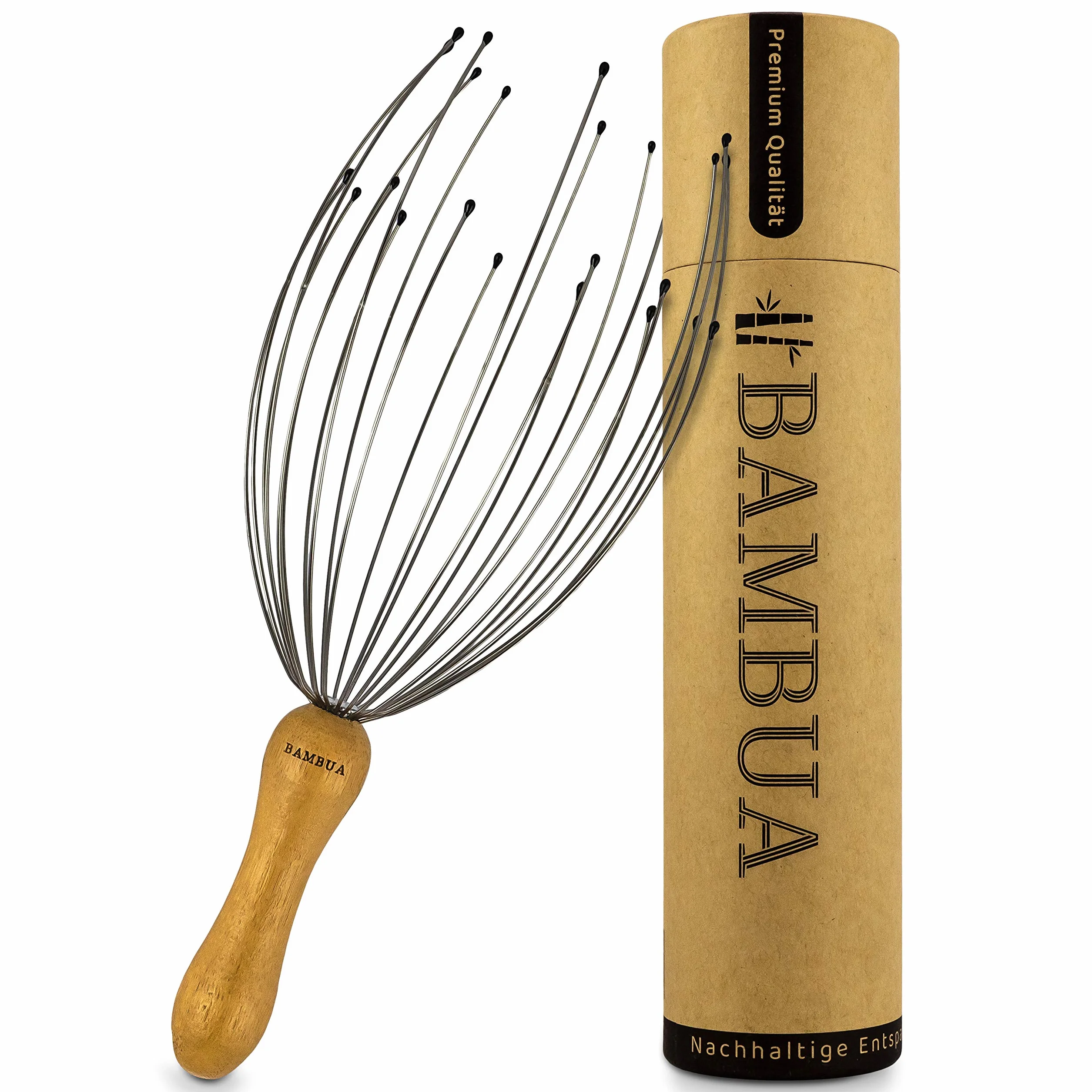 BAMBUA - Massaggiatore Testa Capelli (Manico in bambù) con 24 Dita - Massaggio testa di Alta Qualità per una Sensazione di Relax Sostenibile - Massaggiatore Cuoio Capelluto