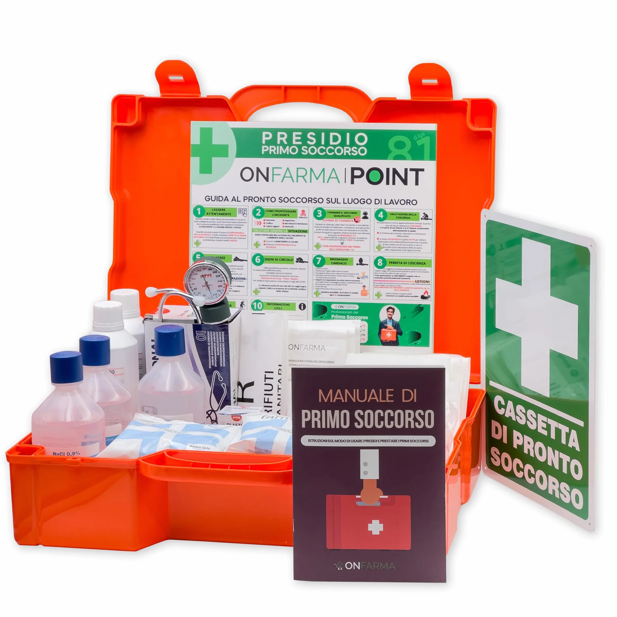 ONFARMA FARMA4 cassetta medica primo soccorso completa di misuratore di pressione e cartello conforme DM 388 allegato 1